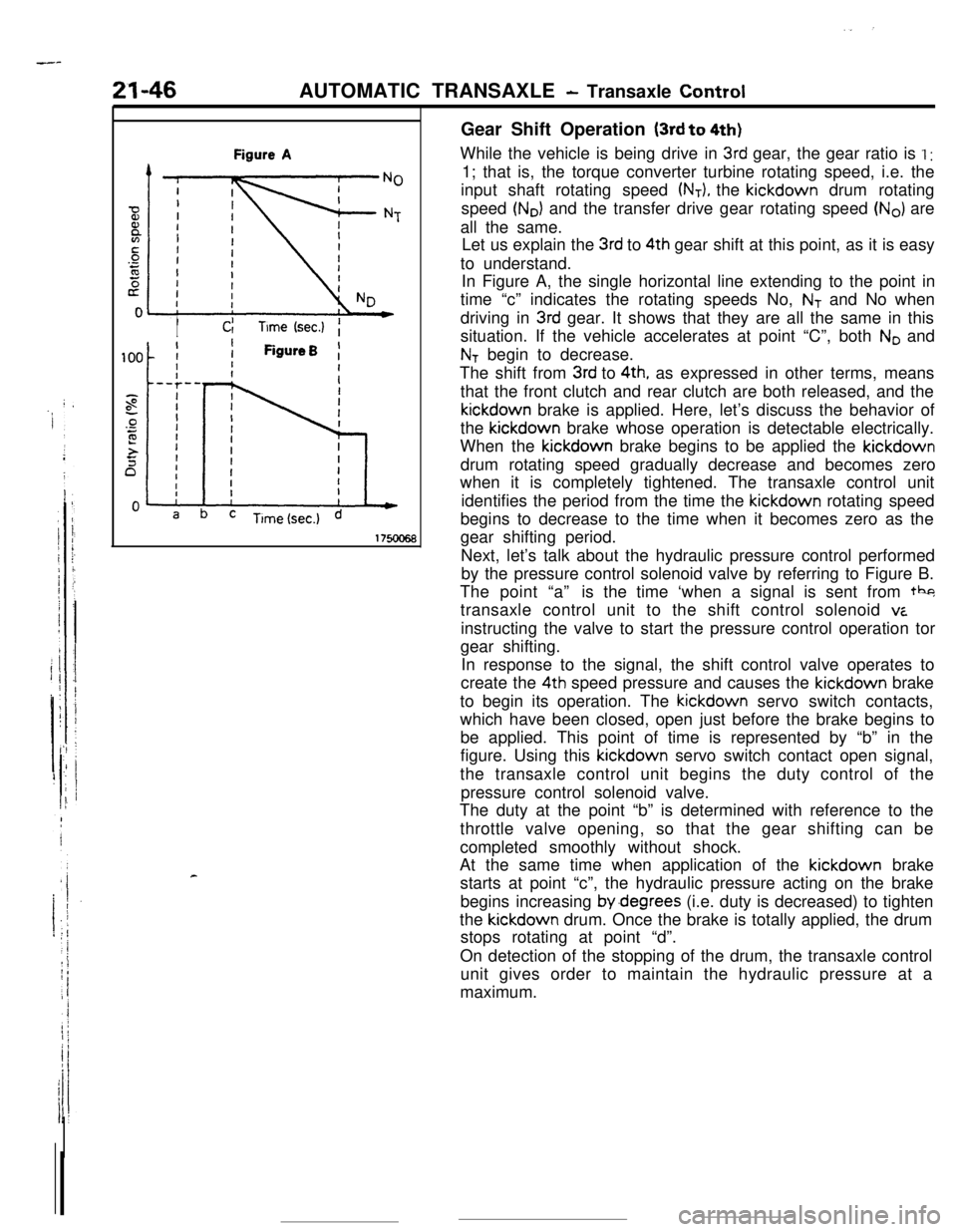 MITSUBISHI ECLIPSE 1990 Owners Guide ---21-46AUTOMATIC TRANSAXLE
- Transaxle Control
Figure A
IICITime (sec.)f
IiFigureB ,
II
cGear Shift Operation
(3rd to 4th)While the vehicle is being drive in
3rd gear, the gear ratio is I :1; that MITSUBISHI ECLIPSE 1990 Owners Guide ---21-46AUTOMATIC TRANSAXLE
- Transaxle Control
Figure A
IICITime (sec.)f
IiFigureB ,
II
cGear Shift Operation
(3rd to 4th)While the vehicle is being drive in
3rd gear, the gear ratio is I :1; that
