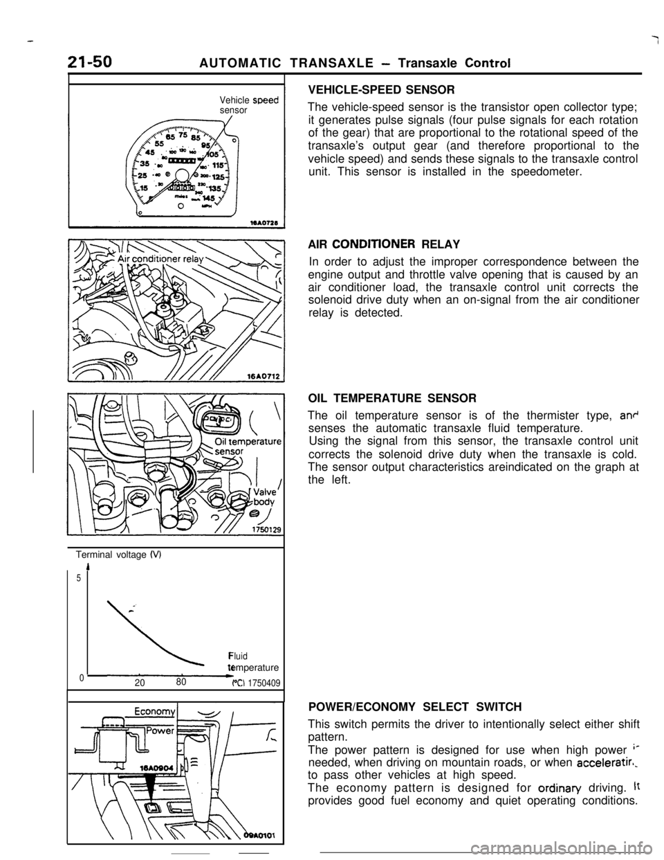 MITSUBISHI ECLIPSE 1990 Owners Guide 21-50AUTOMATIC TRANSAXLE - Transaxle Control
Vehicle
sensorspeedTerminal voltage
(VI
1
5
\*Fluidtemperature
02080PCI 1750409VEHICLE-SPEED SENSOR
The vehicle-speed sensor is the transistor open collec MITSUBISHI ECLIPSE 1990 Owners Guide 21-50AUTOMATIC TRANSAXLE - Transaxle Control
Vehicle
sensorspeedTerminal voltage
(VI
1
5
\*Fluidtemperature
02080PCI 1750409VEHICLE-SPEED SENSOR
The vehicle-speed sensor is the transistor open collec