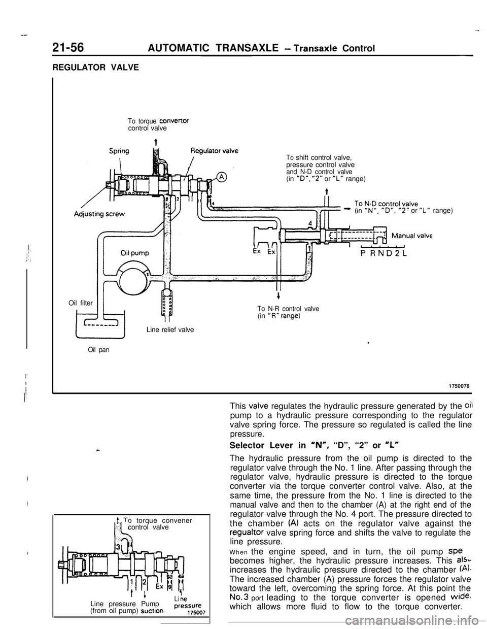 MITSUBISHI ECLIPSE 1990  Service Manual -
!-I
I!I
21-56AUTOMATIC TRANSAXLE - Transaxle Control~-REGULATOR VALVE
To torque convener
control valve
t
Toshift control valve,
pressure control valve
and N-D control valve(in “D”. ”2” or �