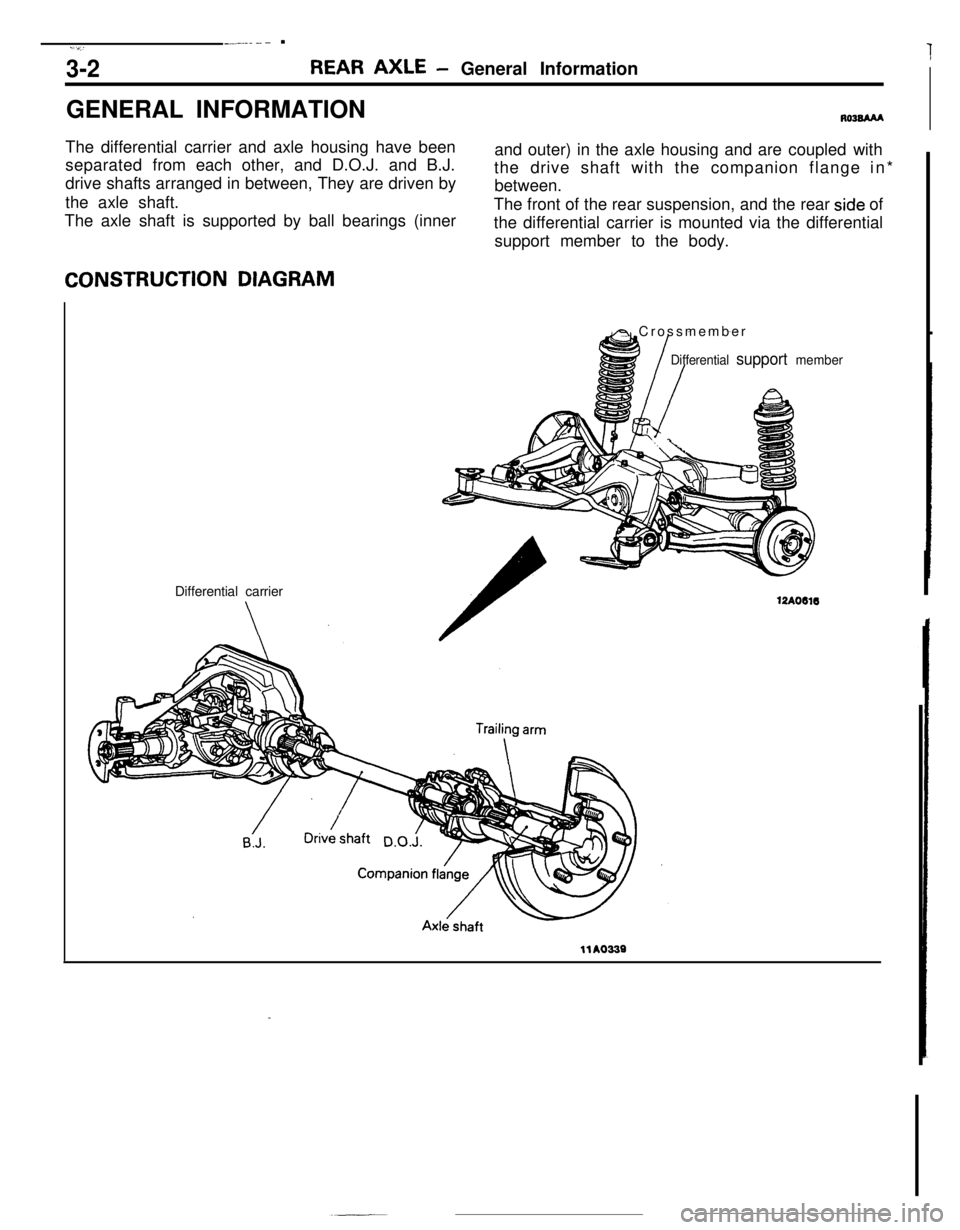 MITSUBISHI ECLIPSE 1990 Owners Manual -.-...- ..v:T
3-2REAR AXLE- General Information
GENERAL INFORMATION
RO3BAAAThe differential carrier and axle housing have been
separated from each other, and D.O.J. and B.J.
drive shafts arranged in b MITSUBISHI ECLIPSE 1990 Owners Manual -.-...- ..v:T
3-2REAR AXLE- General Information
GENERAL INFORMATION
RO3BAAAThe differential carrier and axle housing have been
separated from each other, and D.O.J. and B.J.
drive shafts arranged in b