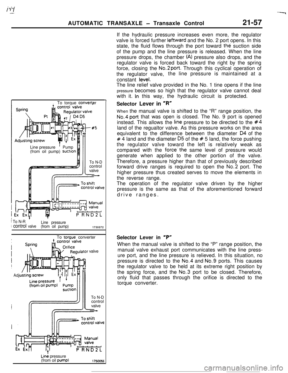 MITSUBISHI ECLIPSE 1990 Service Manual AUTOMATIC TRANSAXLE - Transaxle Control21-57
-7.To torque convert,erLine pressure
’Pump(from oil pump) suction
1 To N-RI control valveLine pressure
(from oil pump)1750072
-#5
To N-Dcontrol
valve
To MITSUBISHI ECLIPSE 1990 Service Manual AUTOMATIC TRANSAXLE - Transaxle Control21-57
-7.To torque convert,erLine pressure
’Pump(from oil pump) suction
1 To N-RI control valveLine pressure
(from oil pump)1750072
-#5
To N-Dcontrol
valve
To