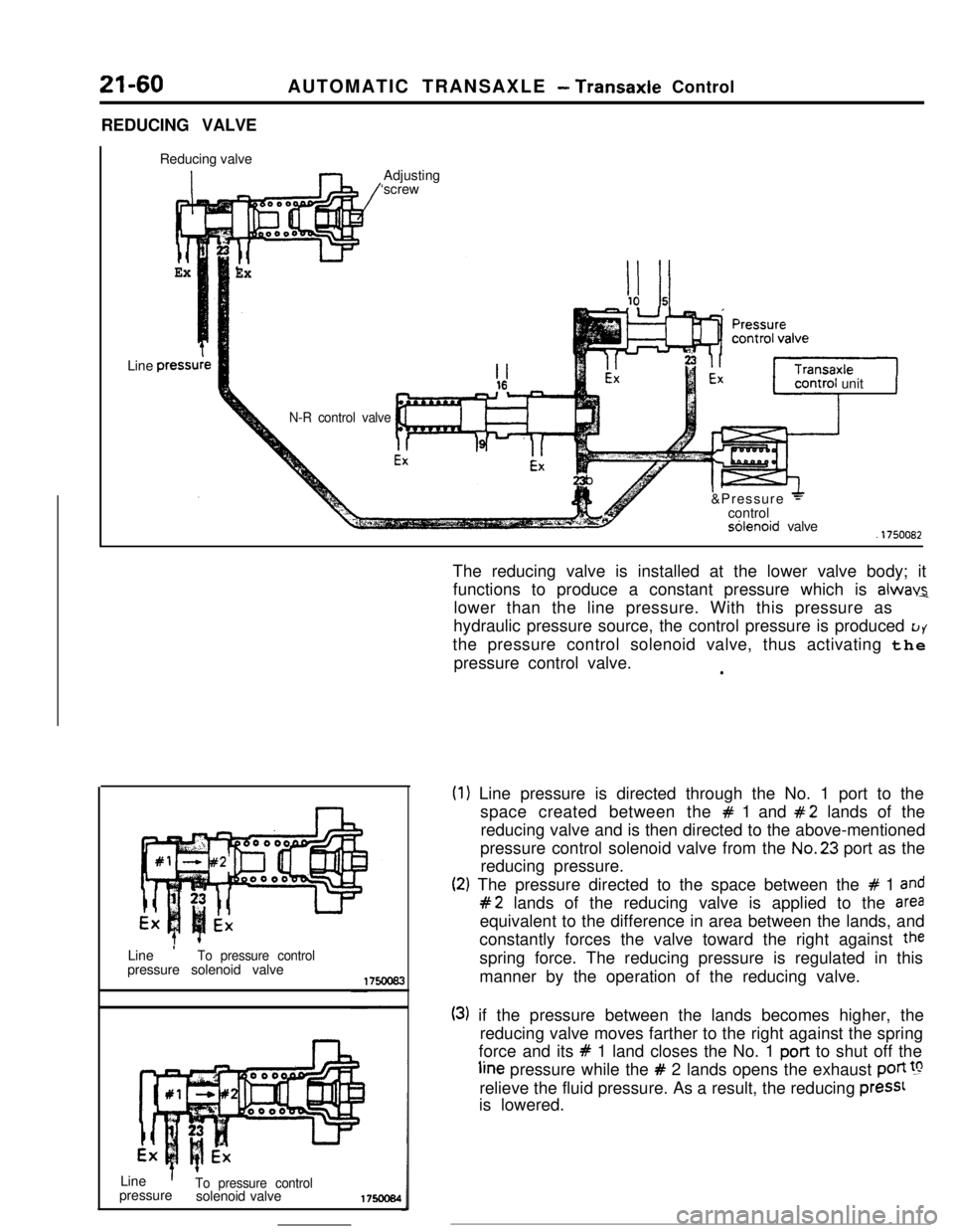 MITSUBISHI ECLIPSE 1990 Workshop Manual 21-60AUTOMATIC TRANSAXLE - Transaxle Control
REDUCING VALVE
Reducing valve
ExLine
press1
ExAdjusting
‘screw
N-R control valveunit
J&Pressure
+controlsblenoid valve.1750082
Line
’To pressure co MITSUBISHI ECLIPSE 1990 Workshop Manual 21-60AUTOMATIC TRANSAXLE - Transaxle Control
REDUCING VALVE
Reducing valve
ExLine
press1
ExAdjusting
‘screw
N-R control valveunit
J&Pressure
+controlsblenoid valve.1750082
Line
’To pressure co