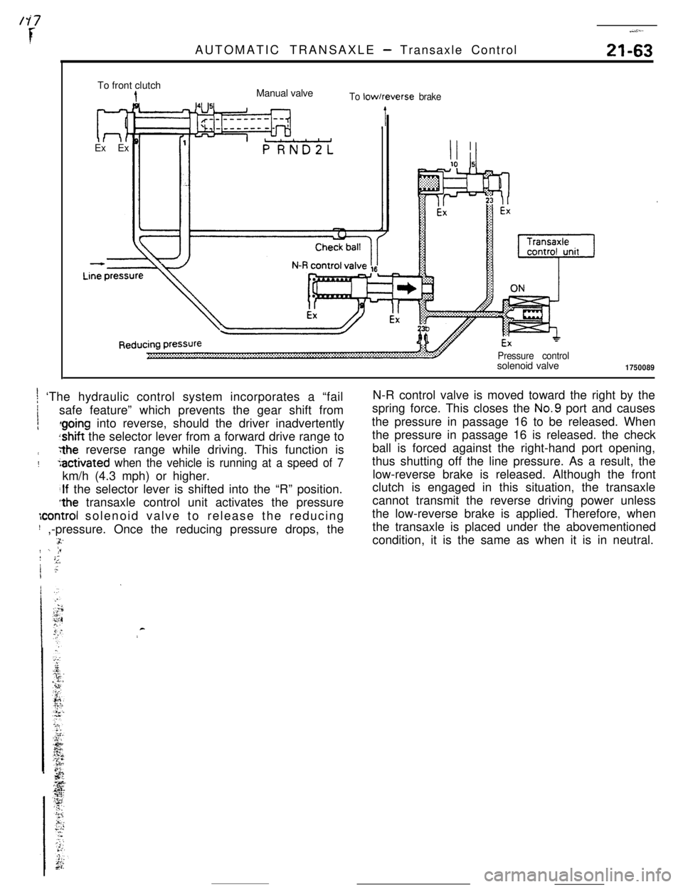 MITSUBISHI ECLIPSE 1990 Service Manual AUTOMATIC TRANSAXLE - Transaxle Control
.-i:...
21-63To front clutch
Ex ExManual valve
To low/reverse brake
Pressure controlsolenoid valve
1750089
t ‘The hydraulic control system incorporates a “f MITSUBISHI ECLIPSE 1990 Service Manual AUTOMATIC TRANSAXLE - Transaxle Control
.-i:...
21-63To front clutch
Ex ExManual valve
To low/reverse brake
Pressure controlsolenoid valve
1750089
t ‘The hydraulic control system incorporates a “f