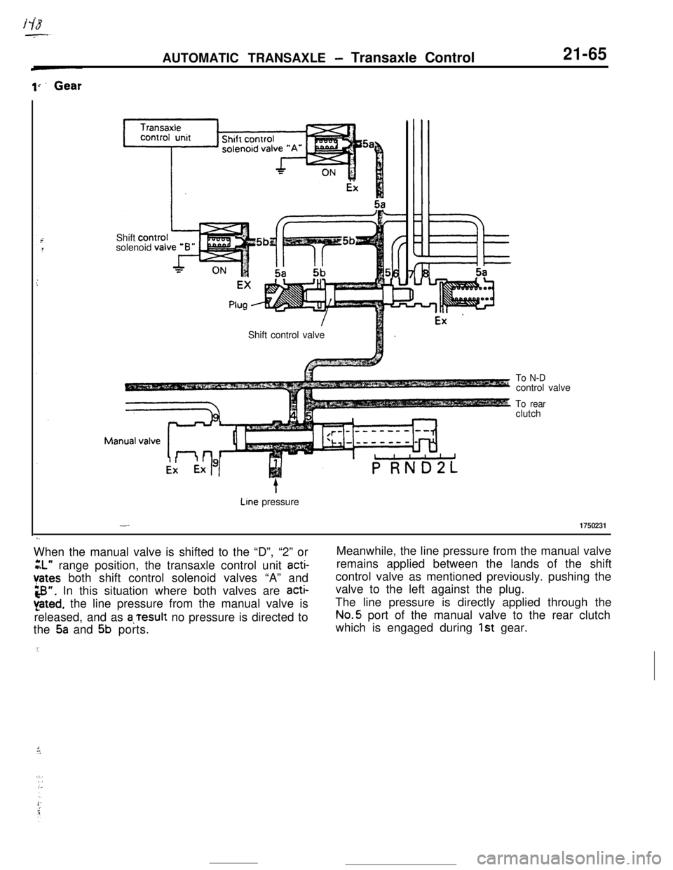 MITSUBISHI ECLIPSE 1990 Service Manual AUTOMATIC TRANSAXLE - Transaxle Control21-65Shift contra
solenoid val
Shift control valve
To N-Dcontrol valve
To rearclutch
t
Line pressure
-1750231
s.When the manual valve is shifted to the “D”, MITSUBISHI ECLIPSE 1990 Service Manual AUTOMATIC TRANSAXLE - Transaxle Control21-65Shift contra
solenoid val
Shift control valve
To N-Dcontrol valve
To rearclutch
t
Line pressure
-1750231
s.When the manual valve is shifted to the “D”,
