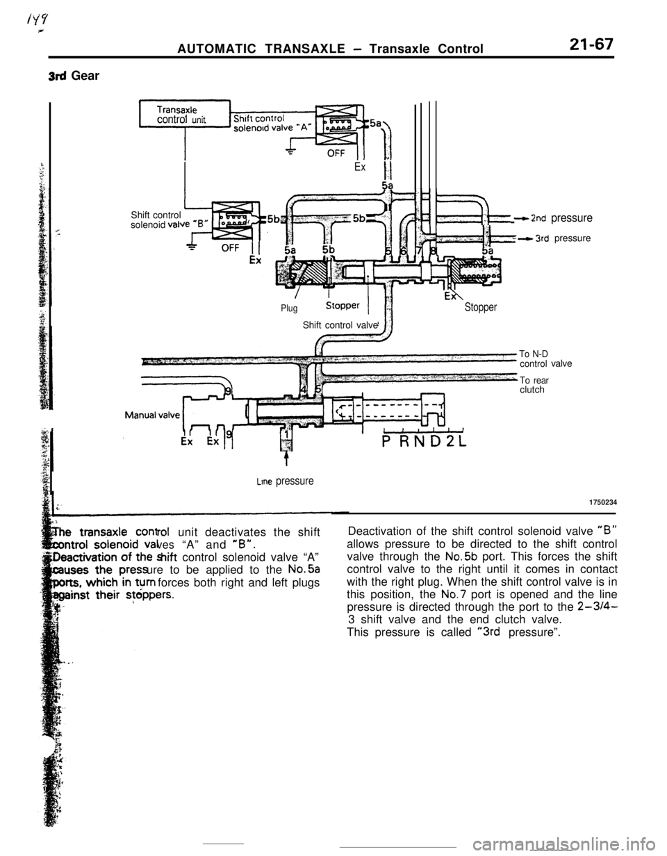 MITSUBISHI ECLIPSE 1990 Service Manual 3rd GearAUTOMATIC TRANSAXLE
- Transaxle Control21-67
control unitShift control
solenoid
vail
ExII5a
PlugShift control valve
‘F$&‘- - 2nd pressure
wkh- 3rd pressure
Stopper
Line pressure
rolunit MITSUBISHI ECLIPSE 1990 Service Manual 3rd GearAUTOMATIC TRANSAXLE
- Transaxle Control21-67
control unitShift control
solenoid
vail
ExII5a
PlugShift control valve
‘F$&‘- - 2nd pressure
wkh- 3rd pressure
Stopper
Line pressure
rolunit
