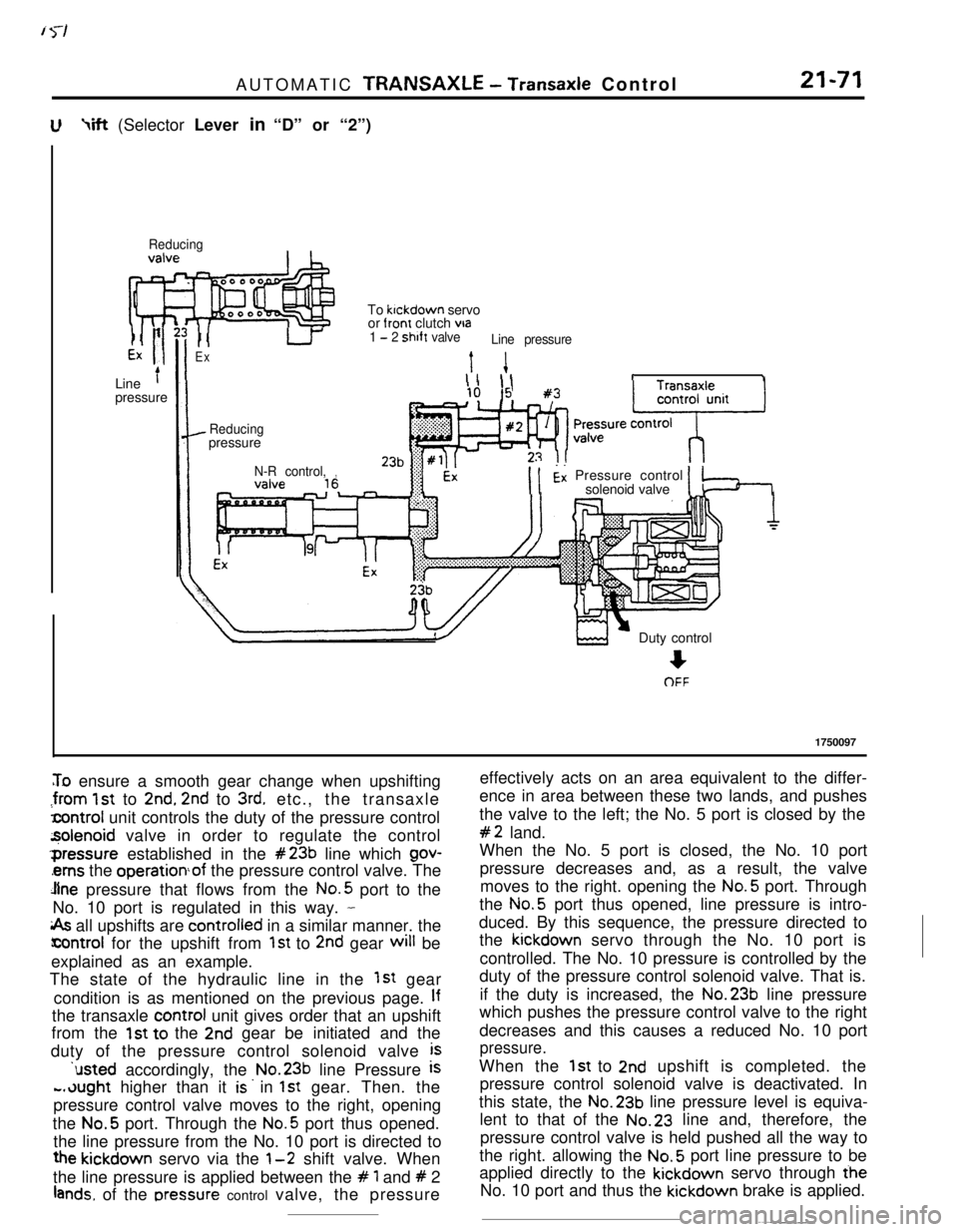MITSUBISHI ECLIPSE 1990 Service Manual AUTOMATIC TRANSAXLE - Transaxle Control21-71
‘ift (Selector Lever in “D” or “2”)
ReducingLine
ipressureTo kickdown servo
or from clutch
via3H
l-r
I
1 - 2 shift valve
Line pressure
Ext 1II MITSUBISHI ECLIPSE 1990 Service Manual AUTOMATIC TRANSAXLE - Transaxle Control21-71
‘ift (Selector Lever in “D” or “2”)
ReducingLine
ipressureTo kickdown servo
or from clutch
via3H
l-r
I
1 - 2 shift valve
Line pressure
Ext 1II