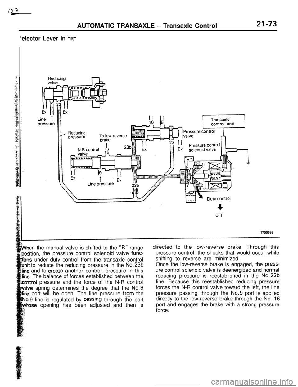MITSUBISHI ECLIPSE 1990 Workshop Manual AUTOMATIC TRANSAXLE - Transaxle Control21-73
‘elector Lever in “R”
Reducingvalve
ReducingTo low-reverse
OFF1750099
en the manual valve is shifted to the
“R” rangedirected to the low-reverse MITSUBISHI ECLIPSE 1990 Workshop Manual AUTOMATIC TRANSAXLE - Transaxle Control21-73
‘elector Lever in “R”
Reducingvalve
ReducingTo low-reverse
OFF1750099
en the manual valve is shifted to the
“R” rangedirected to the low-reverse