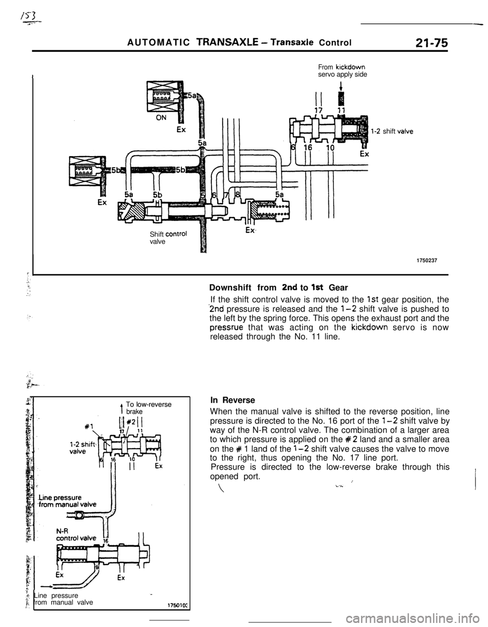 MITSUBISHI ECLIPSE 1990 Service Manual AUTOMATIC TRANSAXLE - Transaxle Control21-75
From kickdown
servo apply side
1Shift control
valve
1-2 shift
1750237
11To low-reverse To low-reversebrake brake
‘1..‘; Line pressure.F: from manual va MITSUBISHI ECLIPSE 1990 Service Manual AUTOMATIC TRANSAXLE - Transaxle Control21-75
From kickdown
servo apply side
1Shift control
valve
1-2 shift
1750237
11To low-reverse To low-reversebrake brake
‘1..‘; Line pressure.F: from manual va