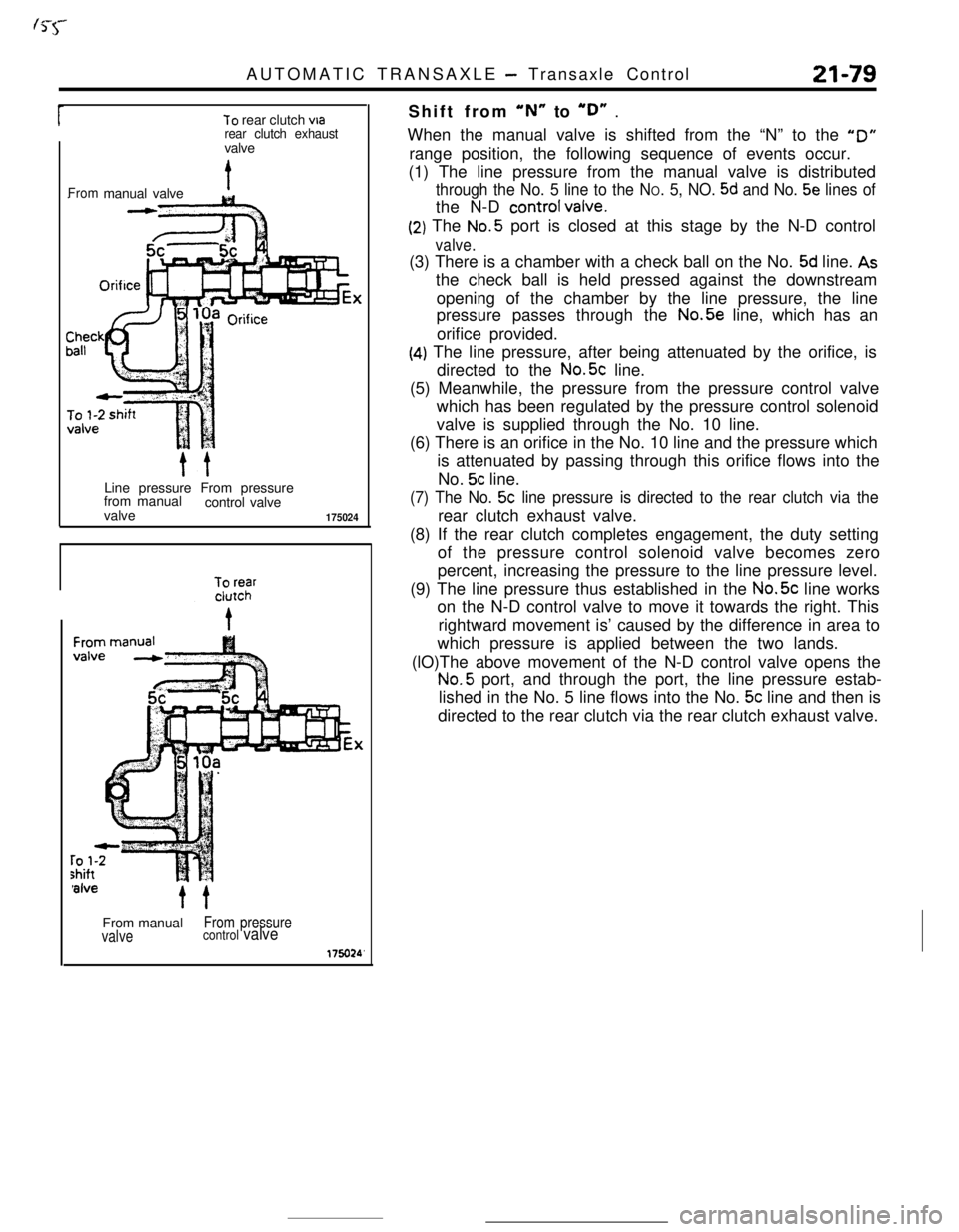 MITSUBISHI ECLIPSE 1990 Service Manual AUTOMATIC TRANSAXLE - Transaxle Control21-79
70 rear clutch via
rear clutch exhaustvalve
Frommanual valveOrifice
Line pressure From pressure
from manual
control valve
valve
175024
valveFrom manual
Fro MITSUBISHI ECLIPSE 1990 Service Manual AUTOMATIC TRANSAXLE - Transaxle Control21-79
70 rear clutch via
rear clutch exhaustvalve
Frommanual valveOrifice
Line pressure From pressure
from manual
control valve
valve
175024
valveFrom manual
Fro