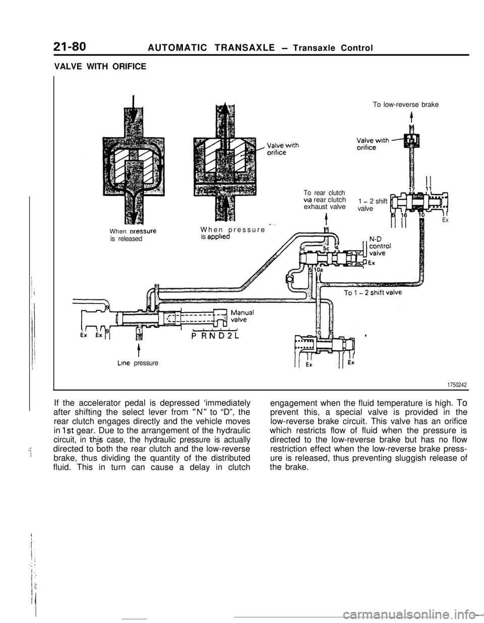 MITSUBISHI ECLIPSE 1990 Service Manual 21-80AUTOMATIC TRANSAXLE - Transaxle Control
VALVE WITH ORIFICE
When
oressureis releasedWhen pressure
-is applredTo rear clutch
via rear clutch
exhaust valveTo low-reverse brake
i
Ltne pressure1
- MITSUBISHI ECLIPSE 1990 Service Manual 21-80AUTOMATIC TRANSAXLE - Transaxle Control
VALVE WITH ORIFICE
When
oressureis releasedWhen pressure
-is applredTo rear clutch
via rear clutch
exhaust valveTo low-reverse brake
i
Ltne pressure1
-