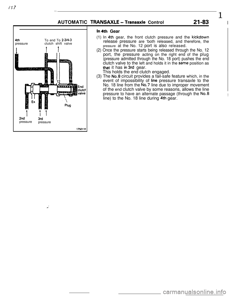 MITSUBISHI ECLIPSE 1990 Service Manual is-7--
1
AUTOMATIC TRANSAXLE
- Transaxle Control21-83I4th
pressureTo end To
2-314-3clutch shift valve
1it2nd3rdpressure
pressure
In 4th Gear
(1) In 4th gear, the front clutch pressure and the kickdo MITSUBISHI ECLIPSE 1990 Service Manual is-7--
1
AUTOMATIC TRANSAXLE
- Transaxle Control21-83I4th
pressureTo end To
2-314-3clutch shift valve
1it2nd3rdpressure
pressure
In 4th Gear
(1) In 4th gear, the front clutch pressure and the kickdo