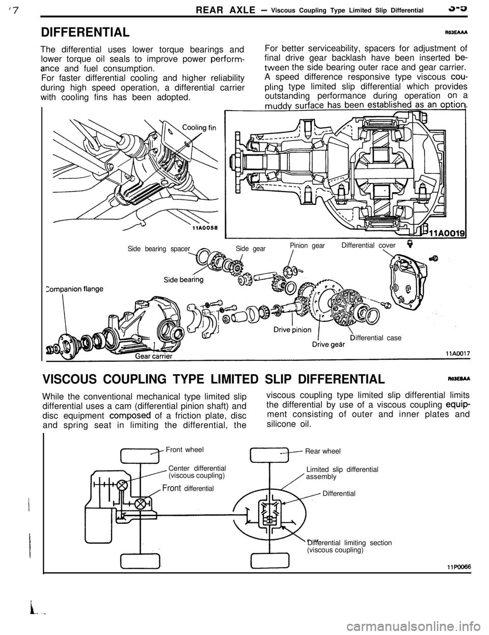 MITSUBISHI ECLIPSE 1990 Service Manual REAR AXLE- Viscous Coupling Type Limited Slip Differential3-a
DIFFERENTIALROlEAM
The differential uses lower torque bearings and
lower torque oil seals to improve power perform-
ante and fuel consumpt MITSUBISHI ECLIPSE 1990 Service Manual REAR AXLE- Viscous Coupling Type Limited Slip Differential3-a
DIFFERENTIALROlEAM
The differential uses lower torque bearings and
lower torque oil seals to improve power perform-
ante and fuel consumpt