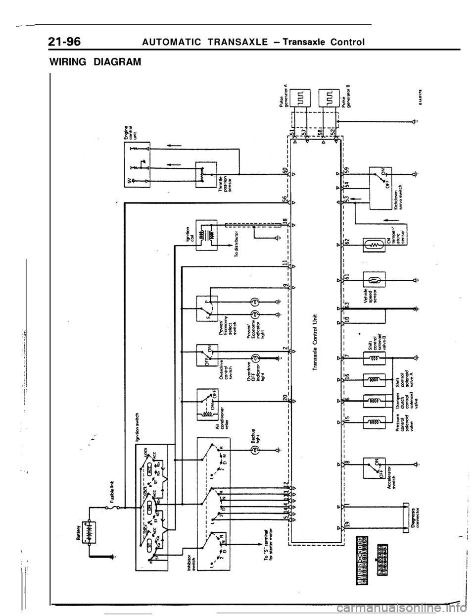 MITSUBISHI ECLIPSE 1990  Service Manual --
,
; ’I :j:.
i
-21-96AUTOMATIC TRANSAXLE 
- Transaxle Control
WIRING DIAGRAMDD<
D
C
C
22C
2
5v0,‘ii2t6c
C
C
C
C
C
C 