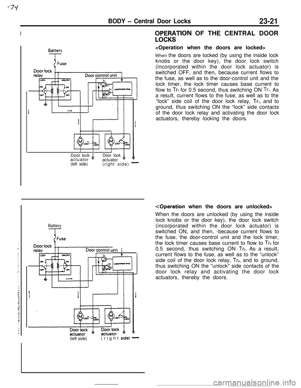 MITSUBISHI ECLIPSE 1990 Owners Guide BODY - Central Door Locks23-21
IBattery
1IJDoor lock 4Door lockactuator t(left side)actuator
(right side) -Battery
Init !,WF%;$TlON OF THE CENTRAL DOOR
<Operation when the doors are locked>
When the d MITSUBISHI ECLIPSE 1990 Owners Guide BODY - Central Door Locks23-21
IBattery
1IJDoor lock 4Door lockactuator t(left side)actuator
(right side) -Battery
Init !,WF%;$TlON OF THE CENTRAL DOOR
<Operation when the doors are locked>
When the d