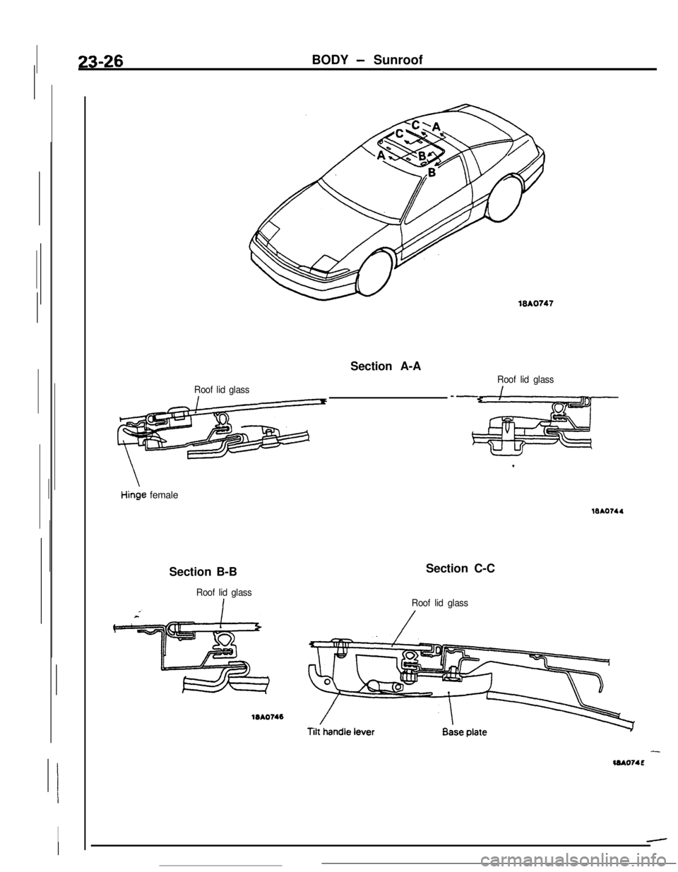 MITSUBISHI ECLIPSE 1990 Service Manual 23-26BODY - Sunroof
Roof lid glassSection A-ARoof lid glass
Hinge female
mm?44Section B-B
Roof lid glassSection C-CRoof lid glass
/
-mAO74E
- MITSUBISHI ECLIPSE 1990 Service Manual 23-26BODY - Sunroof
Roof lid glassSection A-ARoof lid glass
Hinge female
mm?44Section B-B
Roof lid glassSection C-CRoof lid glass
/
-mAO74E
-