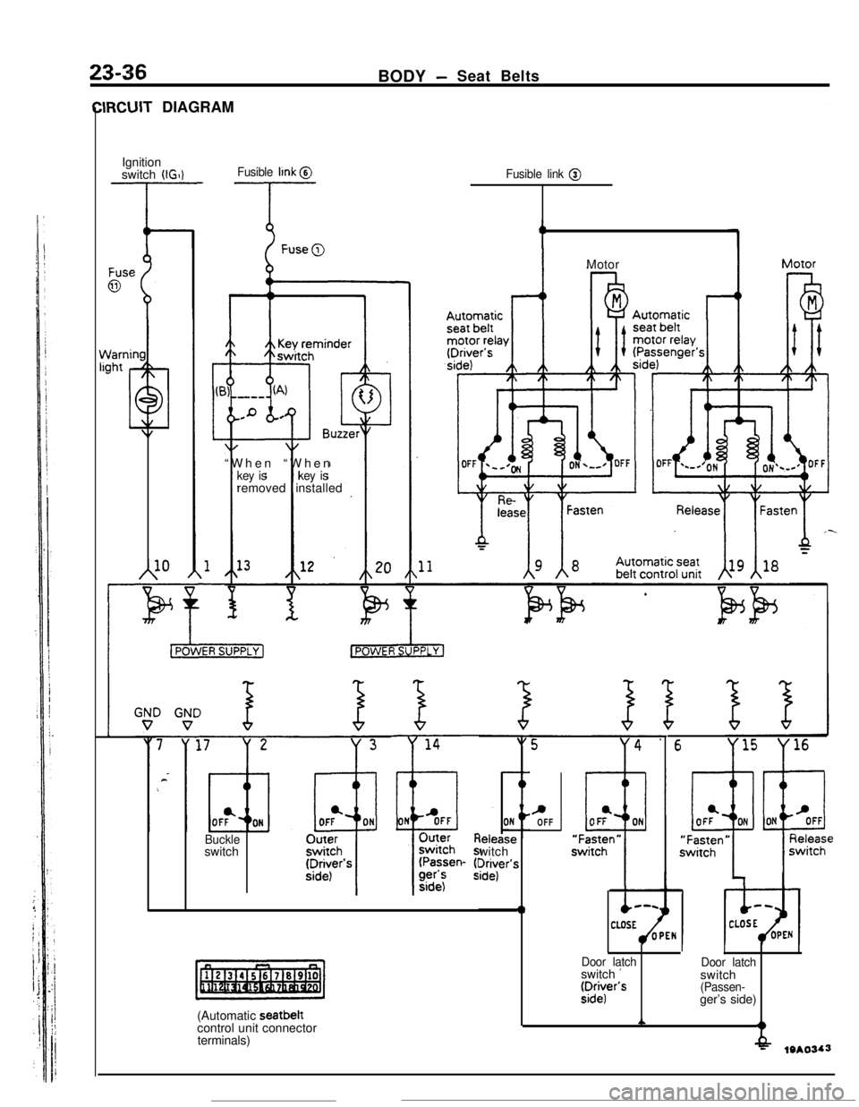 MITSUBISHI ECLIPSE 1990 Service Manual 23-36BODY -Seat Belts
IRCUIT DIAGRAM
Ignition
switch
(IGIlFusible llnk @
-T- --T-
A10“When “When
key iskey isremoved installed
Fusible link @
Buckleswitch
(Automatic seatbelt
control unit connect MITSUBISHI ECLIPSE 1990 Service Manual 23-36BODY -Seat Belts
IRCUIT DIAGRAM
Ignition
switch
(IGIlFusible llnk @
-T- --T-
A10“When “When
key iskey isremoved installed
Fusible link @
Buckleswitch
(Automatic seatbelt
control unit connect