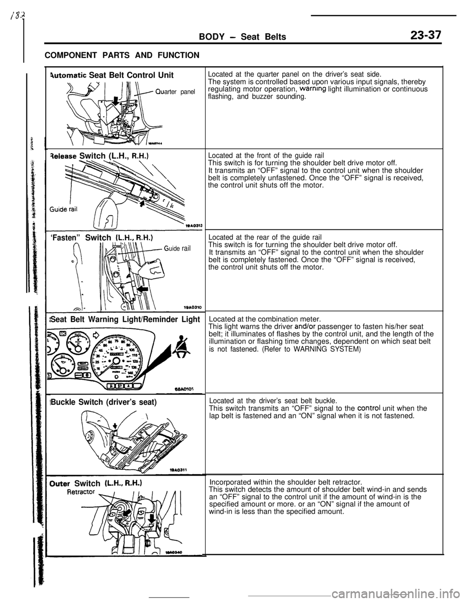 MITSUBISHI ECLIPSE 1990 Service Manual BODY - Seat Belts23-37COMPONENT PARTS AND FUNCTION
4utomatic Seat Belt Control Unit
arter panel
qelease Switch (L.H., R.H.)
‘Fasten”Switch (L.H., R.H.)
uide rail
1SAO310
Seat Belt Warning Light/Re MITSUBISHI ECLIPSE 1990 Service Manual BODY - Seat Belts23-37COMPONENT PARTS AND FUNCTION
4utomatic Seat Belt Control Unit
arter panel
qelease Switch (L.H., R.H.)
‘Fasten”Switch (L.H., R.H.)
uide rail
1SAO310
Seat Belt Warning Light/Re