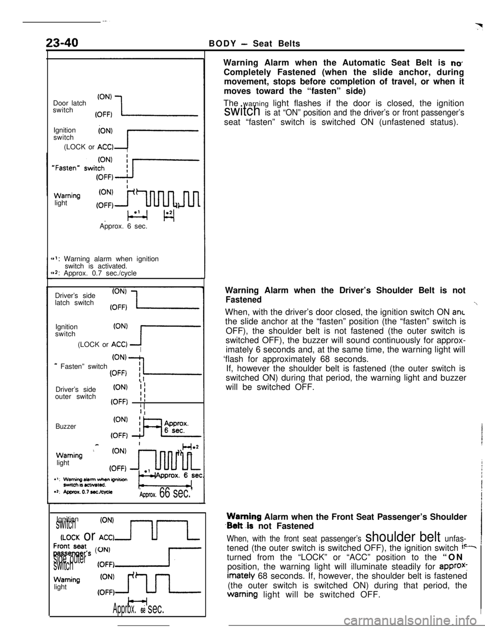 MITSUBISHI ECLIPSE 1990 Service Manual 23-40BODY - Seat Belts
Door latch
switch
Ignition
switch
(LOCK or
ZjTI
Warninglight
.
F-w4Approx. 6 sec.
~1: Warning alarm when ignition
switch is activated.
r2: Approx. 0.7 sec./cycle
Driver’s si MITSUBISHI ECLIPSE 1990 Service Manual 23-40BODY - Seat Belts
Door latch
switch
Ignition
switch
(LOCK or
ZjTI
Warninglight
.
F-w4Approx. 6 sec.
~1: Warning alarm when ignition
switch is activated.
r2: Approx. 0.7 sec./cycle
Driver’s si