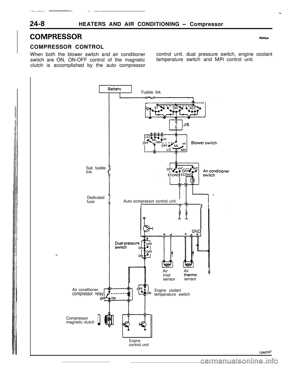 MITSUBISHI ECLIPSE 1990 Workshop Manual -.-- ----_-
24-8HEATERS AND AIR CONDITIONING - Compressor
COMPRESSORR24GbCOMPRESSOR CONTROL
When both the blower switch and air conditioner
switch are ON, ON-OFF control of the magnetic
clutch is acco MITSUBISHI ECLIPSE 1990 Workshop Manual -.-- ----_-
24-8HEATERS AND AIR CONDITIONING - Compressor
COMPRESSORR24GbCOMPRESSOR CONTROL
When both the blower switch and air conditioner
switch are ON, ON-OFF control of the magnetic
clutch is acco