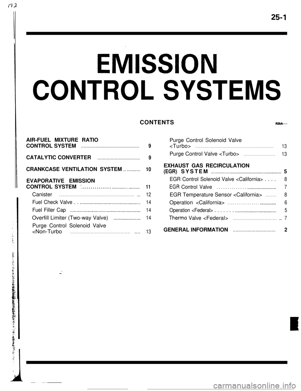 MITSUBISHI ECLIPSE 1990 Manual PDF 25-1
Eh/llSSlON
CONTROL SYSTEMS
rps*---
AIR-FUEL MIXTURE RATIO
_ . . . . . . . . . . . . . . . . . . . . . . . . . . . . . . . . . . .
CATALYTIC CONVERTER . . . . . . . . . . . . . . . . . . . . . . MITSUBISHI ECLIPSE 1990 Manual PDF 25-1
Eh/llSSlON
CONTROL SYSTEMS
rps*---
AIR-FUEL MIXTURE RATIO
_ . . . . . . . . . . . . . . . . . . . . . . . . . . . . . . . . . . .
CATALYTIC CONVERTER . . . . . . . . . . . . . . . . . . . . . .
