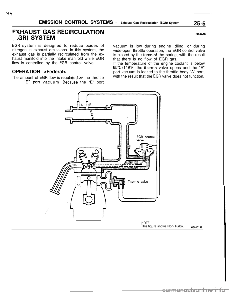 MITSUBISHI ECLIPSE 1990 Service Manual ‘Sv’_ -EMISSION CONTROL SYSTEMS
-Exhaust Gas Recirculation (EGR) System25-5
FYHAUST GAS RECIRCULATION
\ ,GR) SYSTEM
RZSCAAB
EGR system is designed to reduce oxides of
nitrogen in exhaust emission MITSUBISHI ECLIPSE 1990 Service Manual ‘Sv’_ -EMISSION CONTROL SYSTEMS
-Exhaust Gas Recirculation (EGR) System25-5
FYHAUST GAS RECIRCULATION
\ ,GR) SYSTEM
RZSCAAB
EGR system is designed to reduce oxides of
nitrogen in exhaust emission
