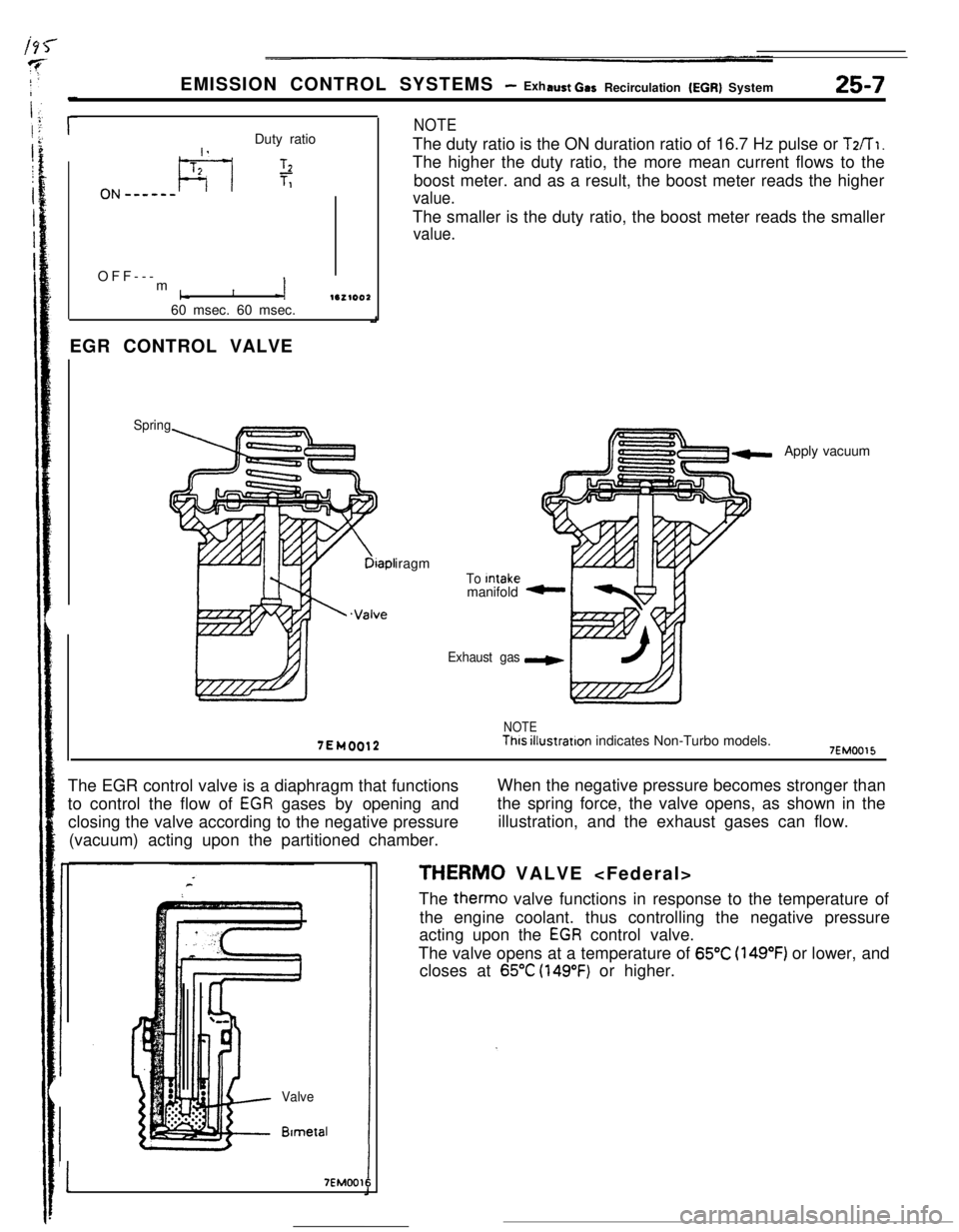 MITSUBISHI ECLIPSE 1990 Workshop Manual EMISSION CONTROL SYSTEMS - Exhaust Car Recirculation (EGR) System25-7Duty ratio
I .,
ON e-_-m-L--l
T2L1.TlOFF---
m
1c1-i1e2100260 msec. 60 msec.
EGR CONTROL VALVE
Spring
NOTEThe duty ratio is the ON d MITSUBISHI ECLIPSE 1990 Workshop Manual EMISSION CONTROL SYSTEMS - Exhaust Car Recirculation (EGR) System25-7Duty ratio
I .,
ON e-_-m-L--l
T2L1.TlOFF---
m
1c1-i1e2100260 msec. 60 msec.
EGR CONTROL VALVE
Spring
NOTEThe duty ratio is the ON d
