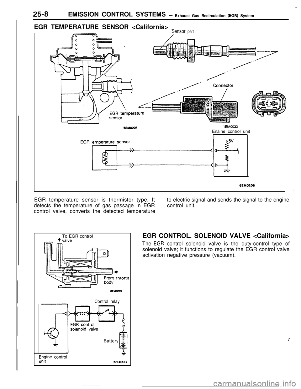MITSUBISHI ECLIPSE 1990 Workshop Manual 25-8EMISSION CONTROL SYSTEMS- Exhaust Gas Recirculation (EGR) System
EGR TEMPERATURE SENSOR <California>
_Sensor part
/
/-
/* * Conneyor,
lEM0033Enaine control unit
EGR temperature sensor
Kf+
--
6EY0 MITSUBISHI ECLIPSE 1990 Workshop Manual 25-8EMISSION CONTROL SYSTEMS- Exhaust Gas Recirculation (EGR) System
EGR TEMPERATURE SENSOR <California>
_Sensor part
/
/-
/* * Conneyor,
lEM0033Enaine control unit
EGR temperature sensor
Kf+
--
6EY0