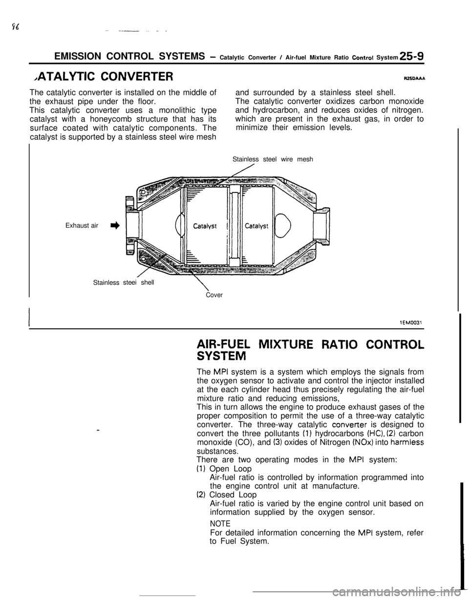 MITSUBISHI ECLIPSE 1990 Manual PDF ---- .~ _ _EMISSION CONTROL SYSTEMS
- Catalytic Converter I Air-fuel Mixture Ratio Control System25-9
,ATALYTlC CONVERTERRZXIAAAThe catalytic converter is installed on the middle ofand surrounded by a MITSUBISHI ECLIPSE 1990 Manual PDF ---- .~ _ _EMISSION CONTROL SYSTEMS
- Catalytic Converter I Air-fuel Mixture Ratio Control System25-9
,ATALYTlC CONVERTERRZXIAAAThe catalytic converter is installed on the middle ofand surrounded by a