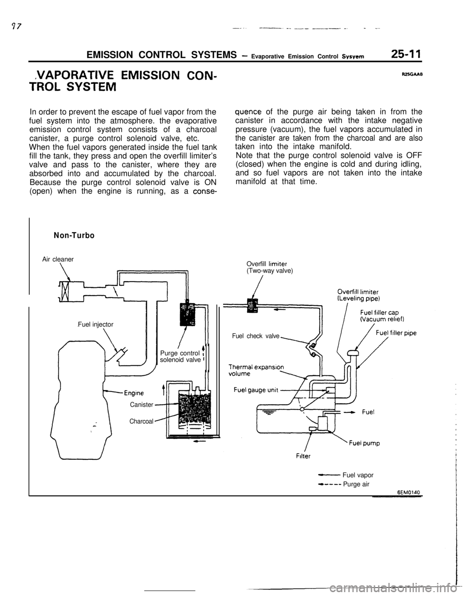 MITSUBISHI ECLIPSE 1990 Service Manual __..--. -._ _^__. __--- -._ _..EMISSION CONTROL SYSTEMS
- Evaporative Emission Control Svsvem25-l 1
,VAPORATlVE EMISSION CON-
TROL SYSTEMIn order to prevent the escape of fuel vapor from the
fuel syst MITSUBISHI ECLIPSE 1990 Service Manual __..--. -._ _^__. __--- -._ _..EMISSION CONTROL SYSTEMS
- Evaporative Emission Control Svsvem25-l 1
,VAPORATlVE EMISSION CON-
TROL SYSTEMIn order to prevent the escape of fuel vapor from the
fuel syst