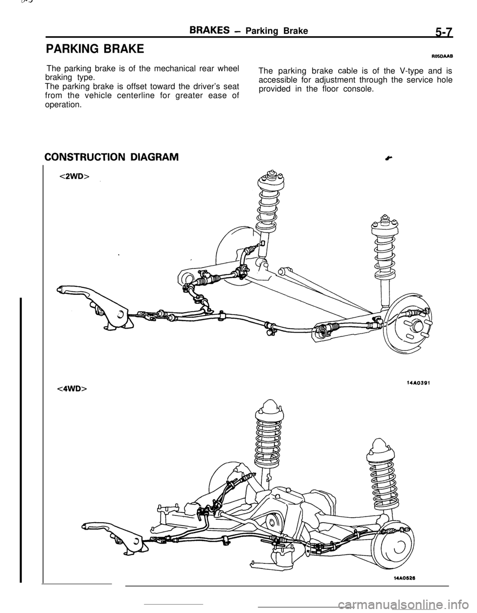 MITSUBISHI ECLIPSE 1990 Service Manual PARKING BRAKE
BRAKES- Parking Brake5-7
ROSDMBThe parking brake is of the mechanical rear wheel
braking type.The parking brake
cable is of the V-type and is
The parking brake is offset toward the driv MITSUBISHI ECLIPSE 1990 Service Manual PARKING BRAKE
BRAKES- Parking Brake5-7
ROSDMBThe parking brake is of the mechanical rear wheel
braking type.The parking brake
cable is of the V-type and is
The parking brake is offset toward the driv