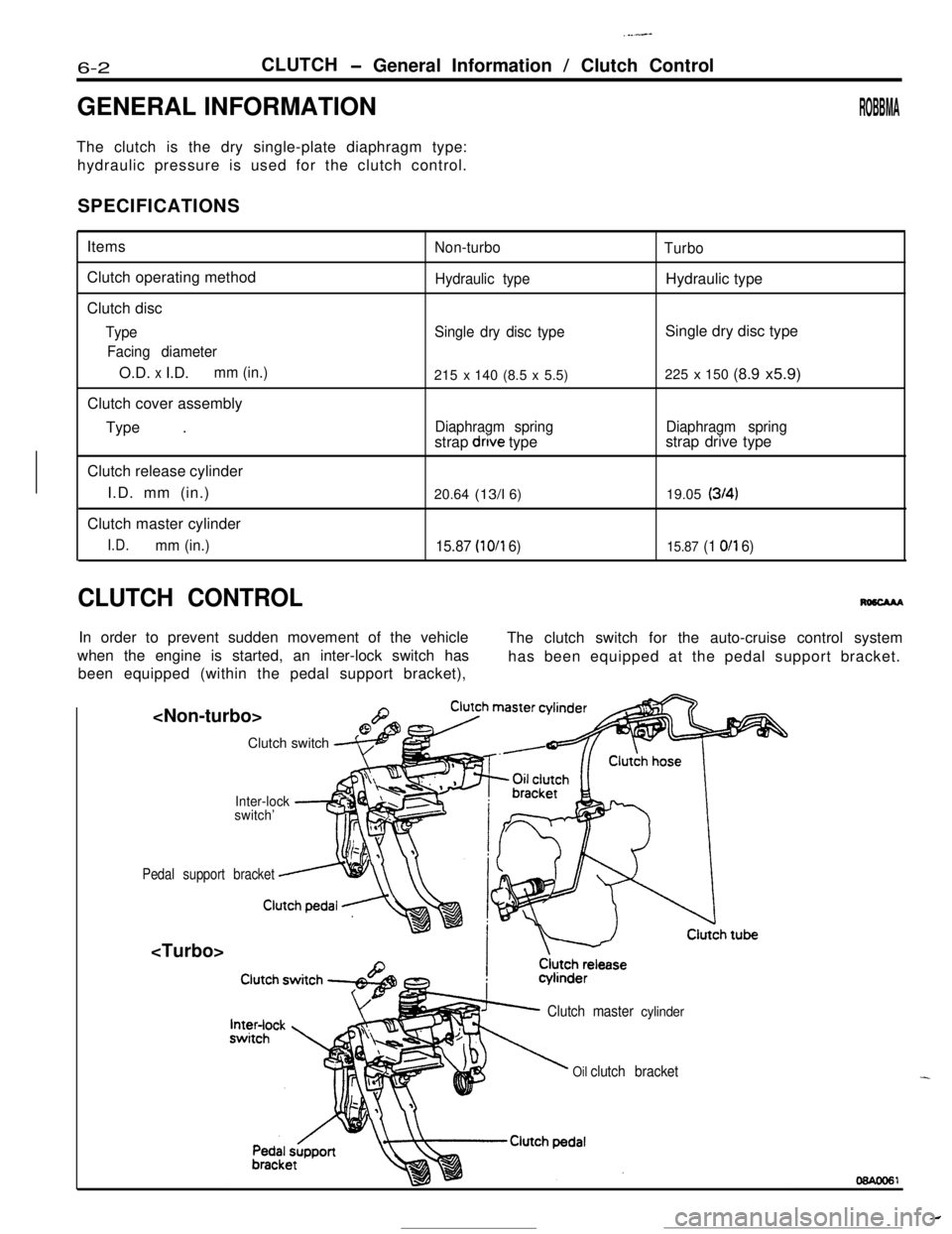 MITSUBISHI ECLIPSE 1990  Service Manual .__...e-
6-2
drove typeDiaphragm spring
(314)
15.87 (10/l 6)  15.87 (1 O/l 6)
CLUTCH CONTROL 