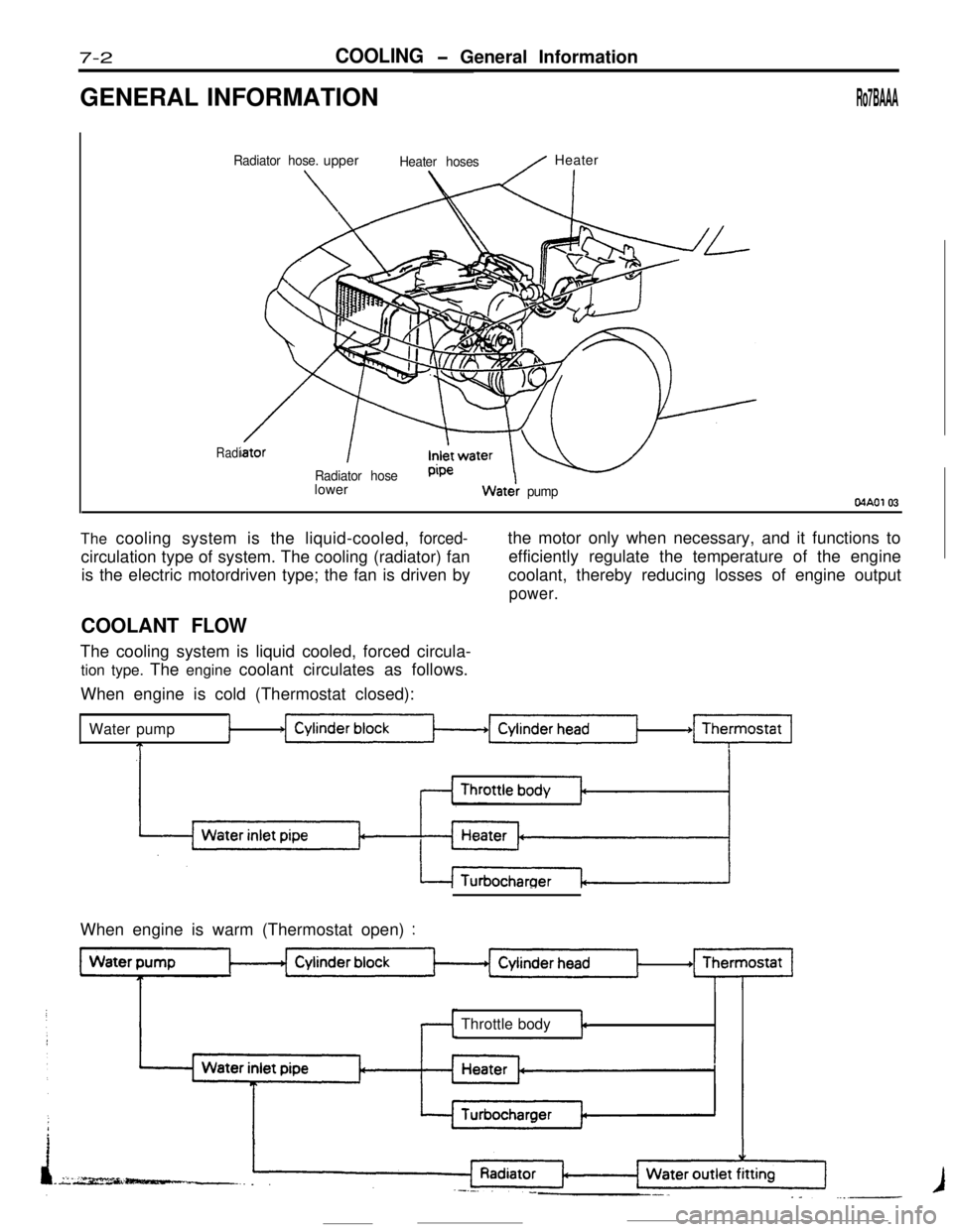 MITSUBISHI ECLIPSE 1990 Service Manual 7-2 COOLIN G- General Information
/ Heater
Radi
Watei pumpMAO1 03
The cooling system is the liquid-cooled , forced-
1
T
+m
I
When engine is warm (Thermostat open) :
Throttle bodyt MITSUBISHI ECLIPSE 1990 Service Manual 7-2 COOLIN G- General Information
/ Heater
Radi
Watei pumpMAO1 03
The cooling system is the liquid-cooled , forced-
1
T
+m
I
When engine is warm (Thermostat open) :
Throttle bodyt