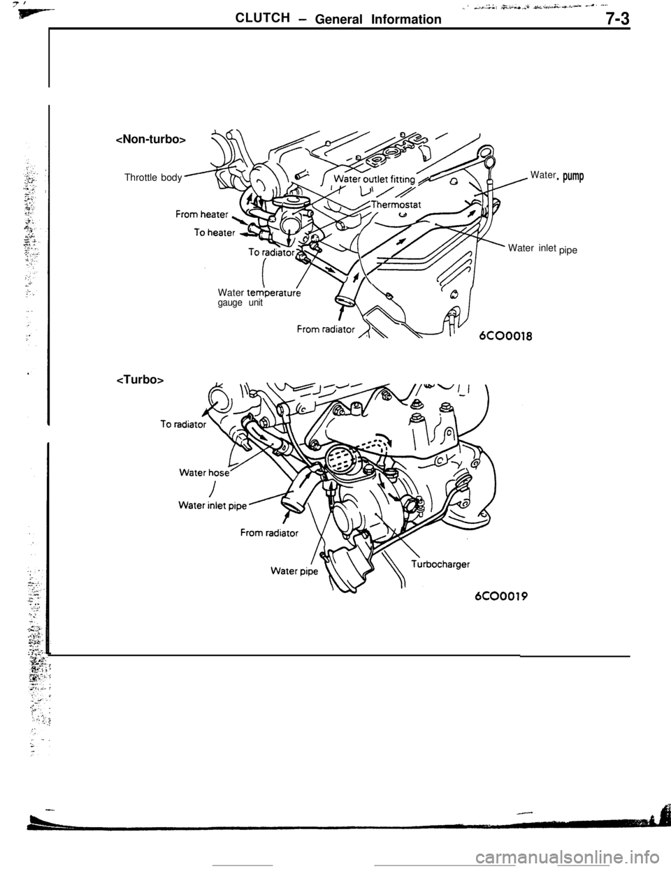 MITSUBISHI ECLIPSE 1990  Service Manual 7’
IF---I ’,,,.1:.;: ~&~~Lx.*.*. .Ihcin.*L-..r-‘- --a’ -.-
CLUTCH- General Information 7-3
<Non-turbo>I
Throttle body
tedperat&gauge unit
From raclw6cOO0,8
. pump 