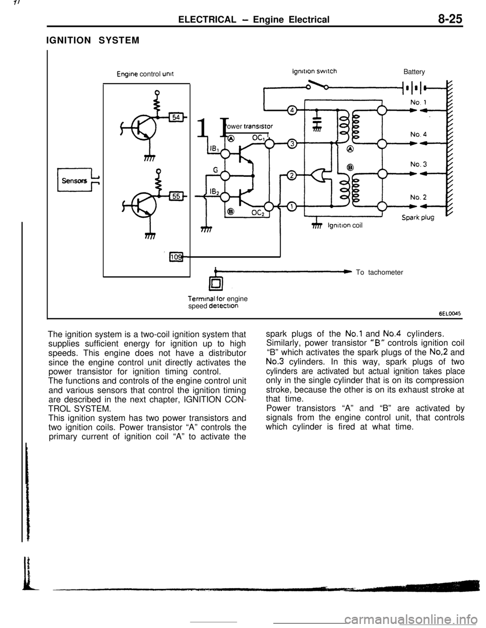 MITSUBISHI ECLIPSE 1990 Service Manual IGNITION SYSTEMELECTRICAL - Engine Electrical8-25
I
Sensors
Engine control unitlgnltlon switch
Battery
11 IPower transfstor
hhP 1
Ilgnltion coil
C To tachometerTerminal for engine
speed detectton
6ELO MITSUBISHI ECLIPSE 1990 Service Manual IGNITION SYSTEMELECTRICAL - Engine Electrical8-25
I
Sensors
Engine control unitlgnltlon switch
Battery
11 IPower transfstor
hhP 1
Ilgnltion coil
C To tachometerTerminal for engine
speed detectton
6ELO