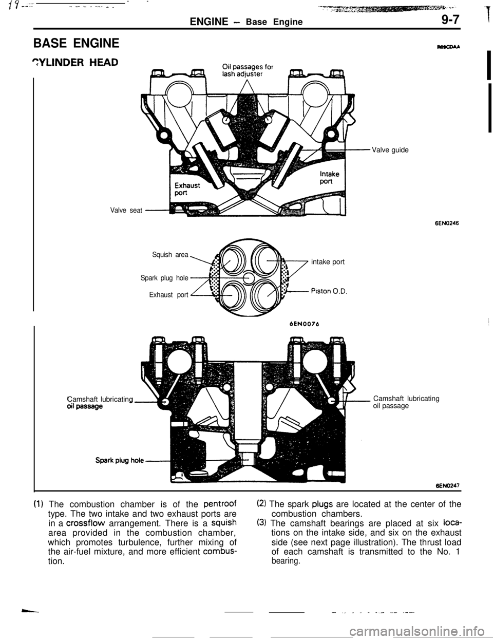 MITSUBISHI ECLIPSE 1990 Owners Manual s’ y _._----,_ - k - ..-_ _ _
ENGINE- Base Engine9-7I
BASE ENGINE
Valve seat
Squish area
Spark plug hole
Exhaust portintake port
Piston O.D.
6EN0076Camshaft lubricatingValve guide
6ENO246Camshaft lu MITSUBISHI ECLIPSE 1990 Owners Manual s’ y _._----,_ - k - ..-_ _ _
ENGINE- Base Engine9-7I
BASE ENGINE
Valve seat
Squish area
Spark plug hole
Exhaust portintake port
Piston O.D.
6EN0076Camshaft lubricatingValve guide
6ENO246Camshaft lu