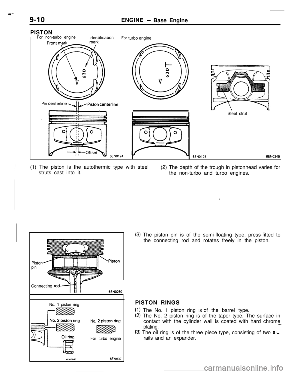 MITSUBISHI ECLIPSE 1990 Owners Manual 9-10PISTONENGINE- Base Engine
For non-turbo engineldentificatlonForturbo engine
Pin;nterline y FPiston ceyerline
6EN01246EN0125Steel strut6EN0249
Ij(1) The piston is the autothermic type with steel
st MITSUBISHI ECLIPSE 1990 Owners Manual 9-10PISTONENGINE- Base Engine
For non-turbo engineldentificatlonForturbo engine
Pin;nterline y FPiston ceyerline
6EN01246EN0125Steel strut6EN0249
Ij(1) The piston is the autothermic type with steel
st