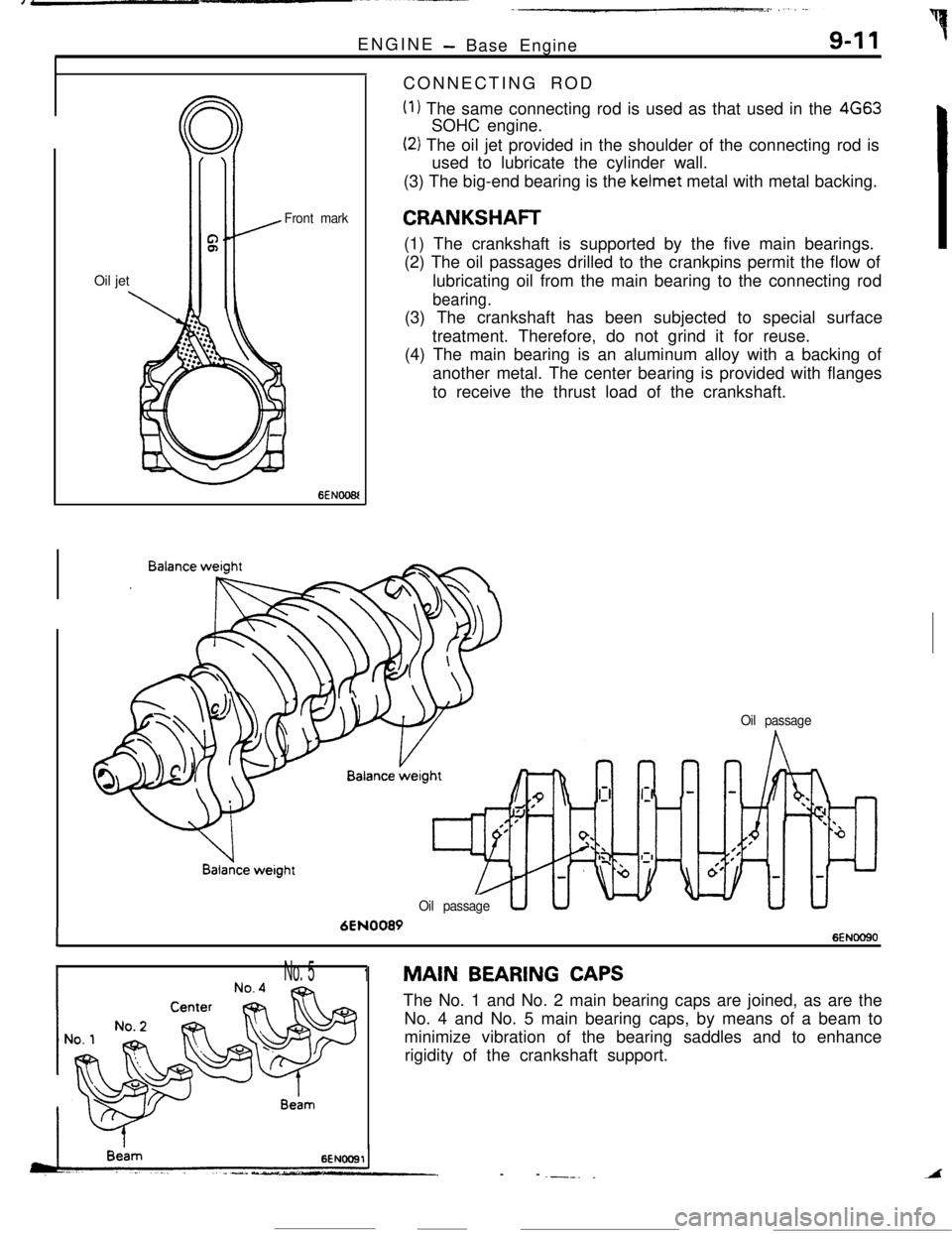 MITSUBISHI ECLIPSE 1990 Owners Manual ENGINE- Base Engine9-11 7Oil jet
Front mark
6ENOO6lCONNECTING ROD
(1) The same connecting rod is used as that used in the 4663SOHC engine.
(2) The oil jet provided in the shoulder of the connecting ro MITSUBISHI ECLIPSE 1990 Owners Manual ENGINE- Base Engine9-11 7Oil jet
Front mark
6ENOO6lCONNECTING ROD
(1) The same connecting rod is used as that used in the 4663SOHC engine.
(2) The oil jet provided in the shoulder of the connecting ro