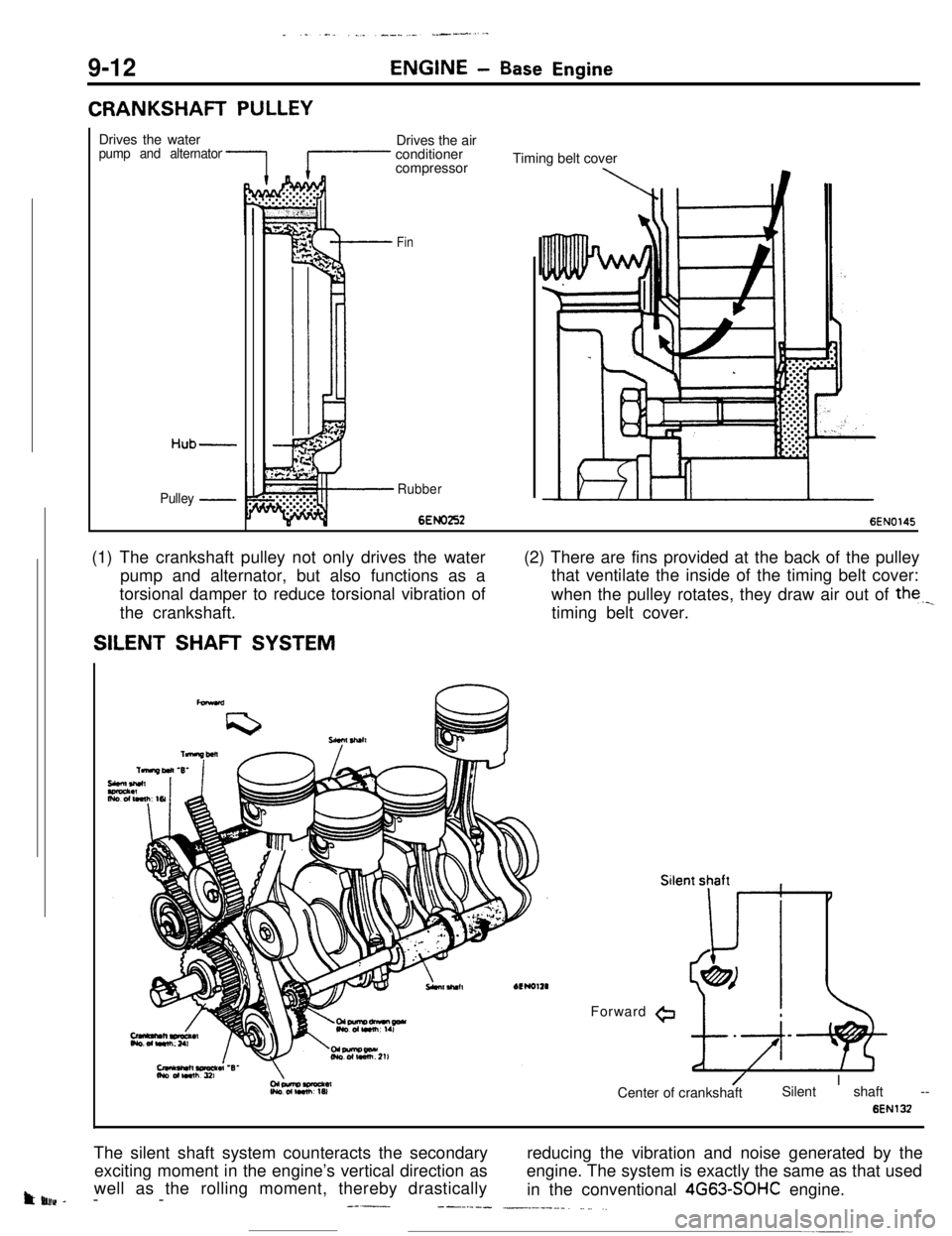 MITSUBISHI ECLIPSE 1990 Owners Manual 9-12
CRANKSHAFT PULLEY
ENGINE- Base EngineDrives the water
pump and alternator
Hub-
Pulley -Drives the air
conditioner
compressor
Fin
Rubber
6EMI2526EN0145 Timing belt cover
(1) The crankshaft pulley MITSUBISHI ECLIPSE 1990 Owners Manual 9-12
CRANKSHAFT PULLEY
ENGINE- Base EngineDrives the water
pump and alternator
Hub-
Pulley -Drives the air
conditioner
compressor
Fin
Rubber
6EMI2526EN0145 Timing belt cover
(1) The crankshaft pulley