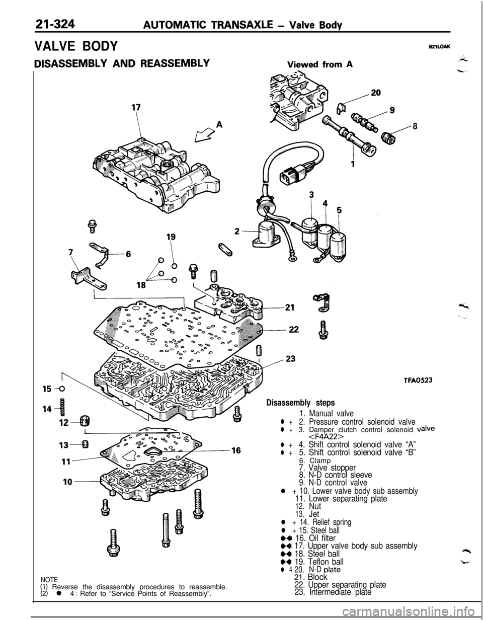 MITSUBISHI ECLIPSE 1991 Service Manual 21-324AUTOMATIC TRANSAXLE - Valve Body
VALVE BODY
DISASSEMBLY AND REASSEMBLYViewed from A
NZlLOAK
-0 - -
8
TFA0523
Disassembly steps
1. Manual valve
l +2. Pressure control solenoid valvel +3. Damper c MITSUBISHI ECLIPSE 1991 Service Manual 21-324AUTOMATIC TRANSAXLE - Valve Body
VALVE BODY
DISASSEMBLY AND REASSEMBLYViewed from A
NZlLOAK
-0 - -
8
TFA0523
Disassembly steps
1. Manual valve
l +2. Pressure control solenoid valvel +3. Damper c