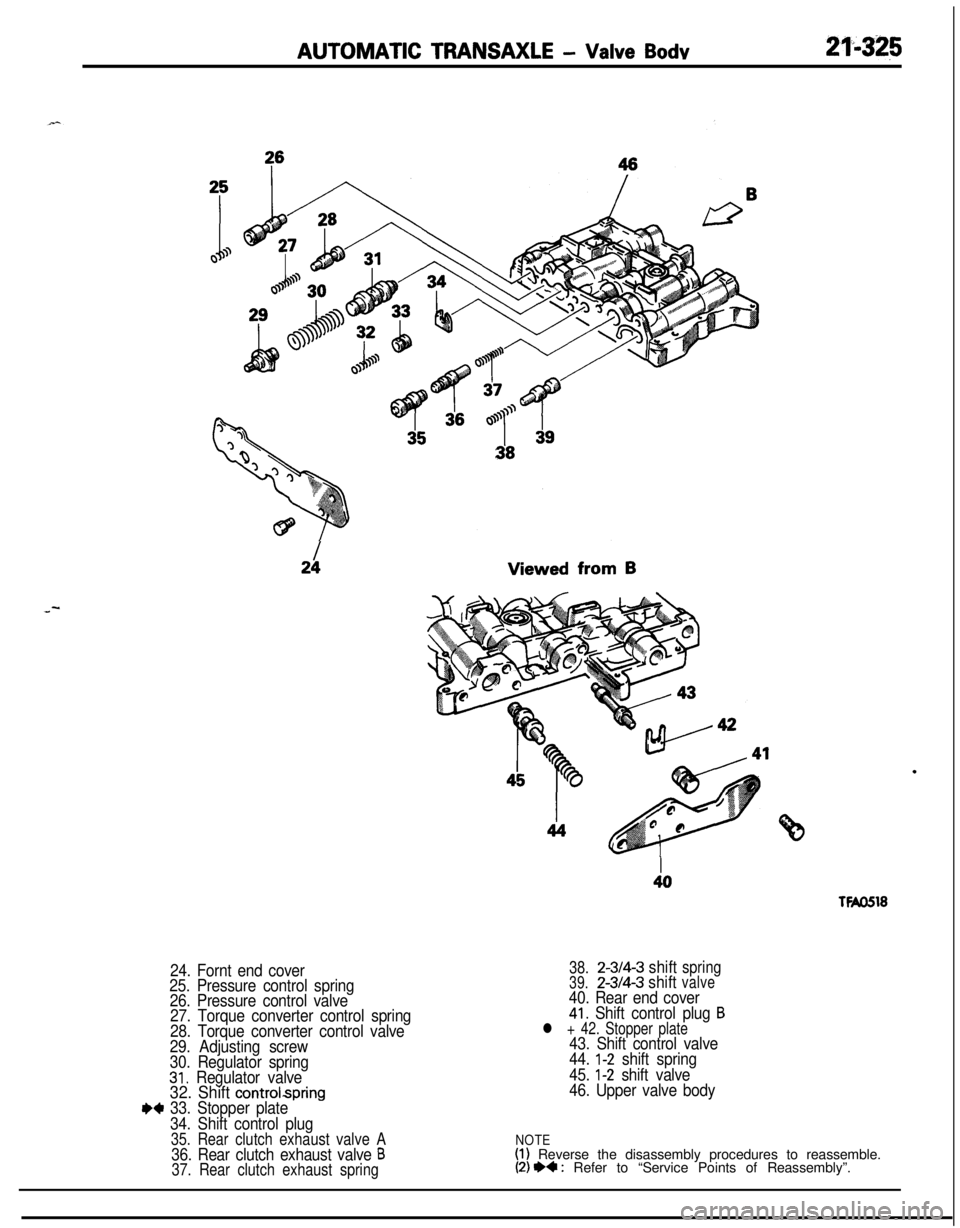MITSUBISHI ECLIPSE 1991  Service Manual AUTOMATIC TRANSAXLE - Valve Bodv2646
38
I24
24. Fornt end cover
25. Pressure control spring
26. Pressure control valve
27. Torque converter control spring
28. Torque converter control valve
29. Adjust