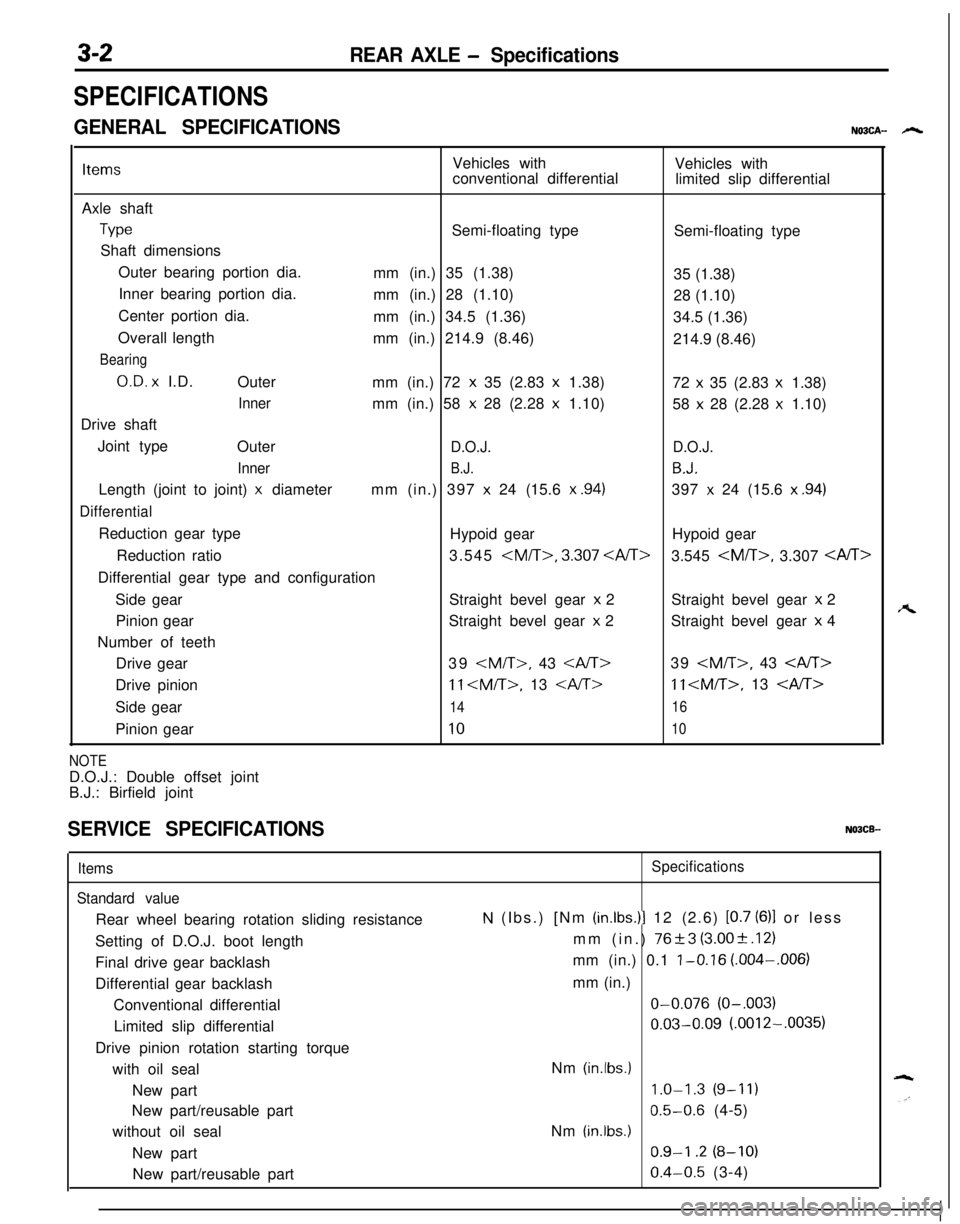 MITSUBISHI ECLIPSE 1991  Service Manual 3-2REAR AXLE - Specifications
SPECIFICATIONS
GENERAL SPECIFICATIONSNO3CA- h
ItemsVehicles with
Vehicles with
conventional differential
limited slip differential
Axle shaft
TypeSemi-floating type
Semi-