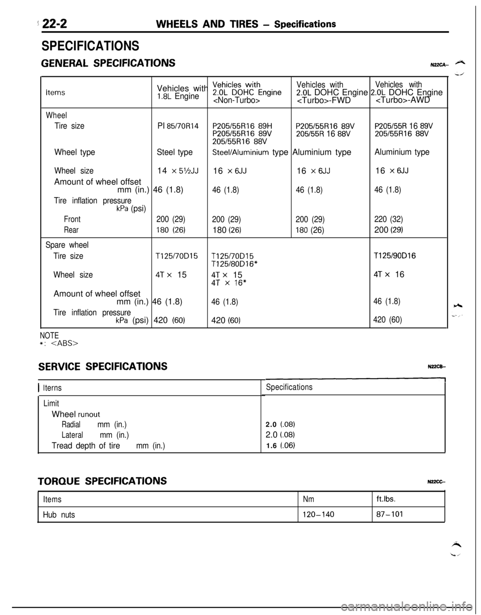 MITSUBISHI ECLIPSE 1991 Service Manual 5 22-2WHEELS AND TIRES - Specifications
SPECIFICATIONS
GENERAL SPECIFICATIONSN22CA- @NVehicles with
~eDhL”~~HWCthEngineVehicles withVehicles withItems1.8L Engine2.0L DOHC Engine 2.0L DOHC Engine<No MITSUBISHI ECLIPSE 1991 Service Manual 5 22-2WHEELS AND TIRES - Specifications
SPECIFICATIONS
GENERAL SPECIFICATIONSN22CA- @NVehicles with
~eDhL”~~HWCthEngineVehicles withVehicles withItems1.8L Engine2.0L DOHC Engine 2.0L DOHC Engine<No