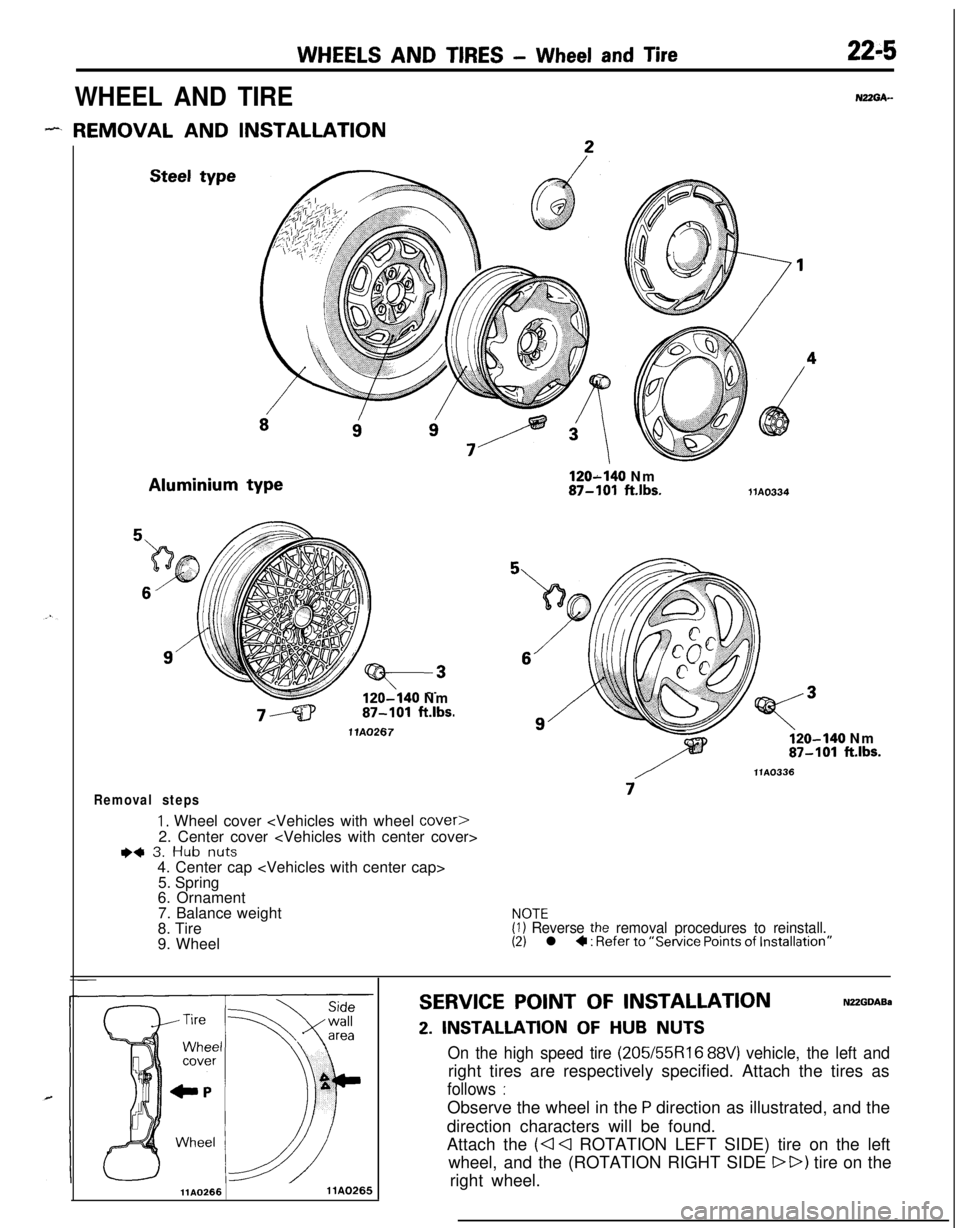 MITSUBISHI ECLIPSE 1991 Workshop Manual WHEELS AND TIRES - Wheel and Tire22-5
WHEEL AND TIRE
- REMOVAL AND INSTALLATIONSteel typeAluminium type
120-140 Nm87-101 ft.lbs.
1 lA0267
Removal steps
1. Wheel cover <Vehicles with wheel cover>2. Cen MITSUBISHI ECLIPSE 1991 Workshop Manual WHEELS AND TIRES - Wheel and Tire22-5
WHEEL AND TIRE
- REMOVAL AND INSTALLATIONSteel typeAluminium type
120-140 Nm87-101 ft.lbs.
1 lA0267
Removal steps
1. Wheel cover <Vehicles with wheel cover>2. Cen