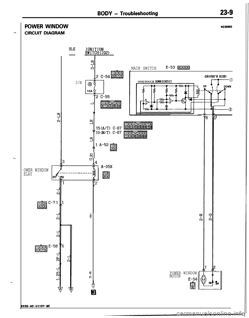 MITSUBISHI ECLIPSE 1991 Service Manual BODY - Troubleshooting23-9
POWER WINDOW
CIRCUIT DIAGRAM
N23EBEE
MAIN SWITCHE-53JIGl=MJ
ONE-TOUCH WWN CIFXXJITJ/B
I
8
c
\,:
-0
t
!Ti
i
15(A/T) C-67
1OWT) C-67
5
e,,*
\ A-05X
-------___-_
1
\I2
OWER W MITSUBISHI ECLIPSE 1991 Service Manual BODY - Troubleshooting23-9
POWER WINDOW
CIRCUIT DIAGRAM
N23EBEE
MAIN SWITCHE-53JIGl=MJ
ONE-TOUCH WWN CIFXXJITJ/B
I
8
c
\,:
-0
t
!Ti
i
15(A/T) C-67
1OWT) C-67
5
e,,*
\ A-05X
-------___-_
1
\I2
OWER W