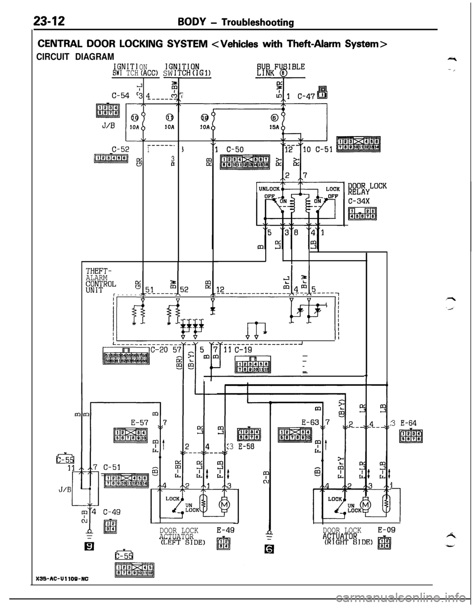 MITSUBISHI ECLIPSE 1991 Service Manual 2342BODY - Troubleshooting
CENTRAL DOOR LOCKING SYSTEM <Vehicles with Theft-Alarm System>
CIRCUIT DIAGRAM
IGNITISW1 TCH
c
c-54 c
ONIGI(ACC) SW-
r334
9P------.IX
0
10A
\/------.1
43bC-52-:
THEFT-ALARM MITSUBISHI ECLIPSE 1991 Service Manual 2342BODY - Troubleshooting
CENTRAL DOOR LOCKING SYSTEM <Vehicles with Theft-Alarm System>
CIRCUIT DIAGRAM
IGNITISW1 TCH
c
c-54 c
ONIGI(ACC) SW-
r334
9P------.IX
0
10A
\/------.1
43bC-52-:
THEFT-ALARM
