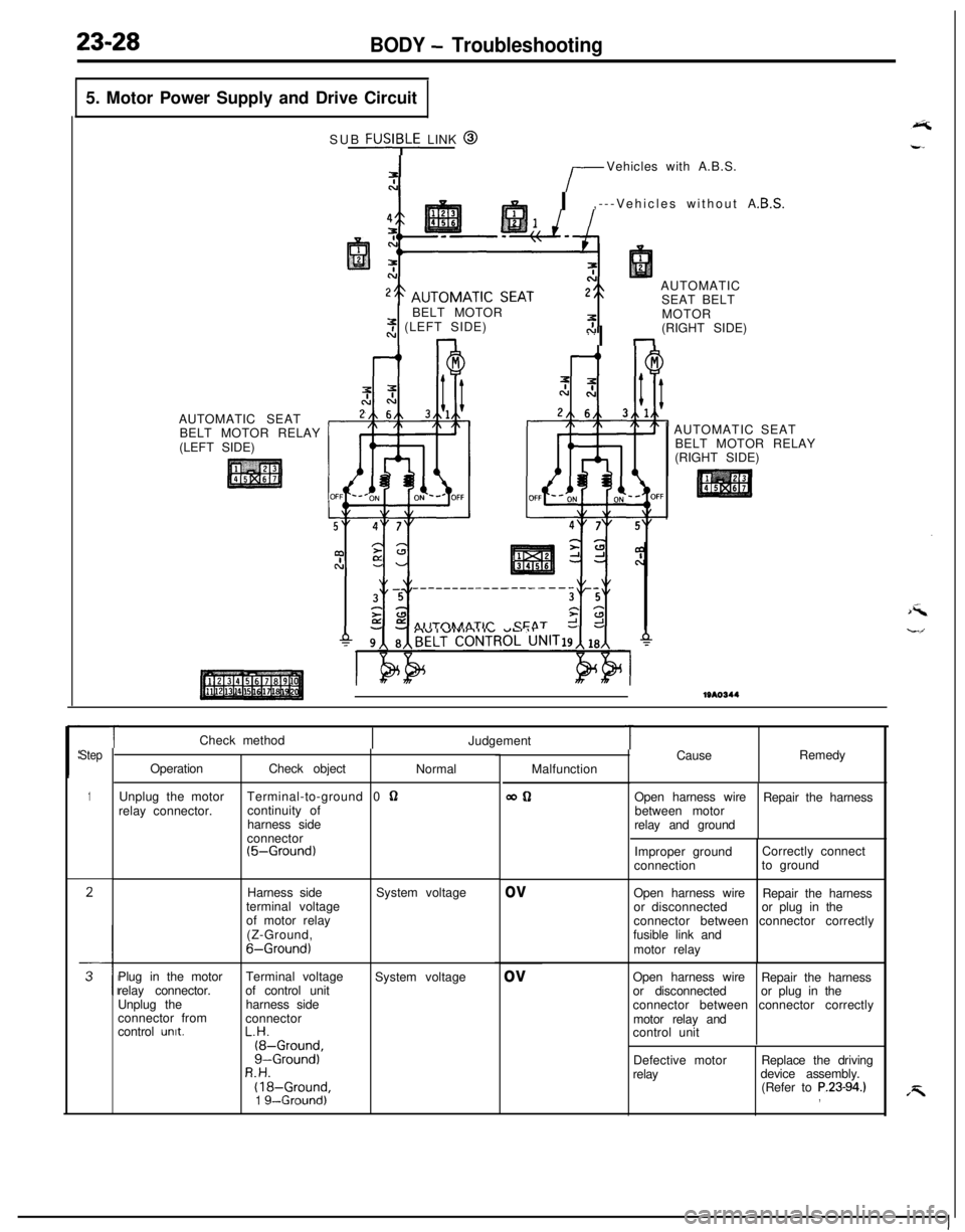 MITSUBISHI ECLIPSE 1991 Repair Manual 23-28BODY - Troubleshooting5. Motor Power Supply and Drive Circuit
AUTOMATIC SEAT
BELT MOTOR RELAY
(LEFT SIDE)SUB
FUSI;LE LINK @
r-Vehicles with A.B.S.
I,---Vehicles without A
AUTOMATIC
SEAT BELT
BEL MITSUBISHI ECLIPSE 1991 Repair Manual 23-28BODY - Troubleshooting5. Motor Power Supply and Drive Circuit
AUTOMATIC SEAT
BELT MOTOR RELAY
(LEFT SIDE)SUB
FUSI;LE LINK @
r-Vehicles with A.B.S.
I,---Vehicles without A
AUTOMATIC
SEAT BELT
BEL