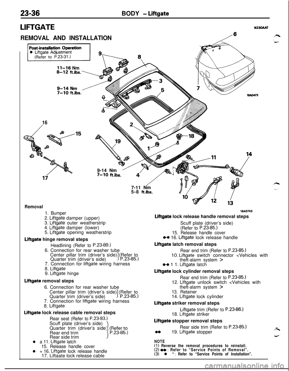 MITSUBISHI ECLIPSE 1991 Service Manual 23-36BODY - Liftgate
LIFTGATEN230AAT
REMOVAL AND INSTALLATION/
11-16 Nm
16
/9-14 Nm
’7-10 ft.lbs.
“‘/- -$j7-11 Nm
5-8
ft.lbs.
Removal
1. Bumper2.
Liftgate damper (upper)
3.
Liftgate outer wea MITSUBISHI ECLIPSE 1991 Service Manual 23-36BODY - Liftgate
LIFTGATEN230AAT
REMOVAL AND INSTALLATION/
11-16 Nm
16
/9-14 Nm
’7-10 ft.lbs.
“‘/- -$j7-11 Nm
5-8
ft.lbs.
Removal
1. Bumper2.
Liftgate damper (upper)
3.
Liftgate outer wea