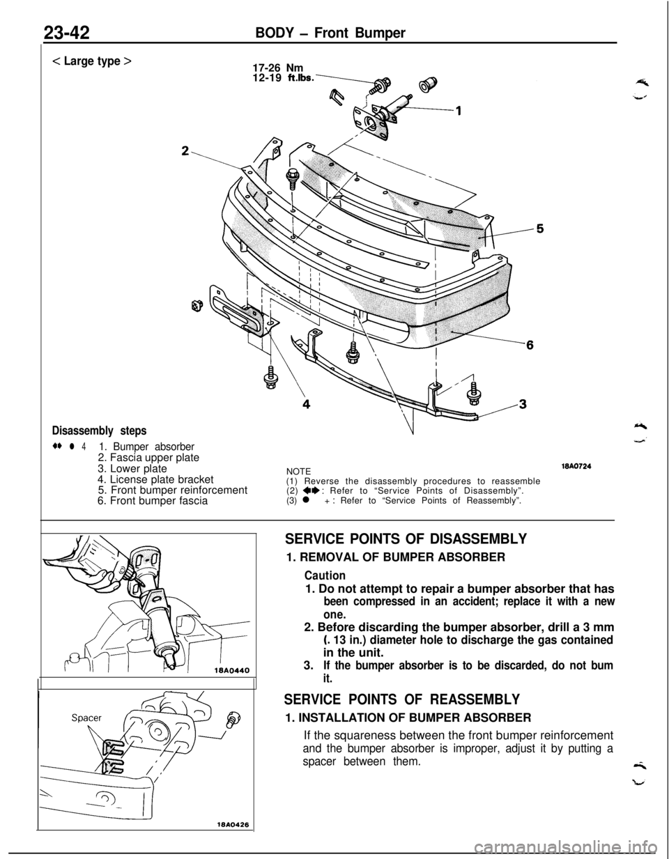 MITSUBISHI ECLIPSE 1991  Service Manual 23-42BODY - Front Bumper
< Large type >
17-26 Nm
12-19 
ftlbs.
Disassembly steps
** l 41. Bumper absorber2. Fascia upper plate
3. Lower plate
4. License plate bracket
5. Front bumper reinforcement
6. 