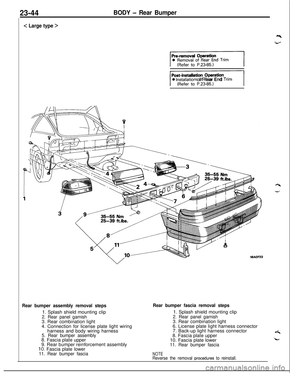 MITSUBISHI ECLIPSE 1991  Service Manual < Large type >
]0 lnstallatron of Rear End Tnm
23-44BODY - Rear Bumper
18AO722
Rear bumper assembly removal steps1. Splash shield mounting clip
2. Rear panel garnish3. Rear combination light
4. Connec