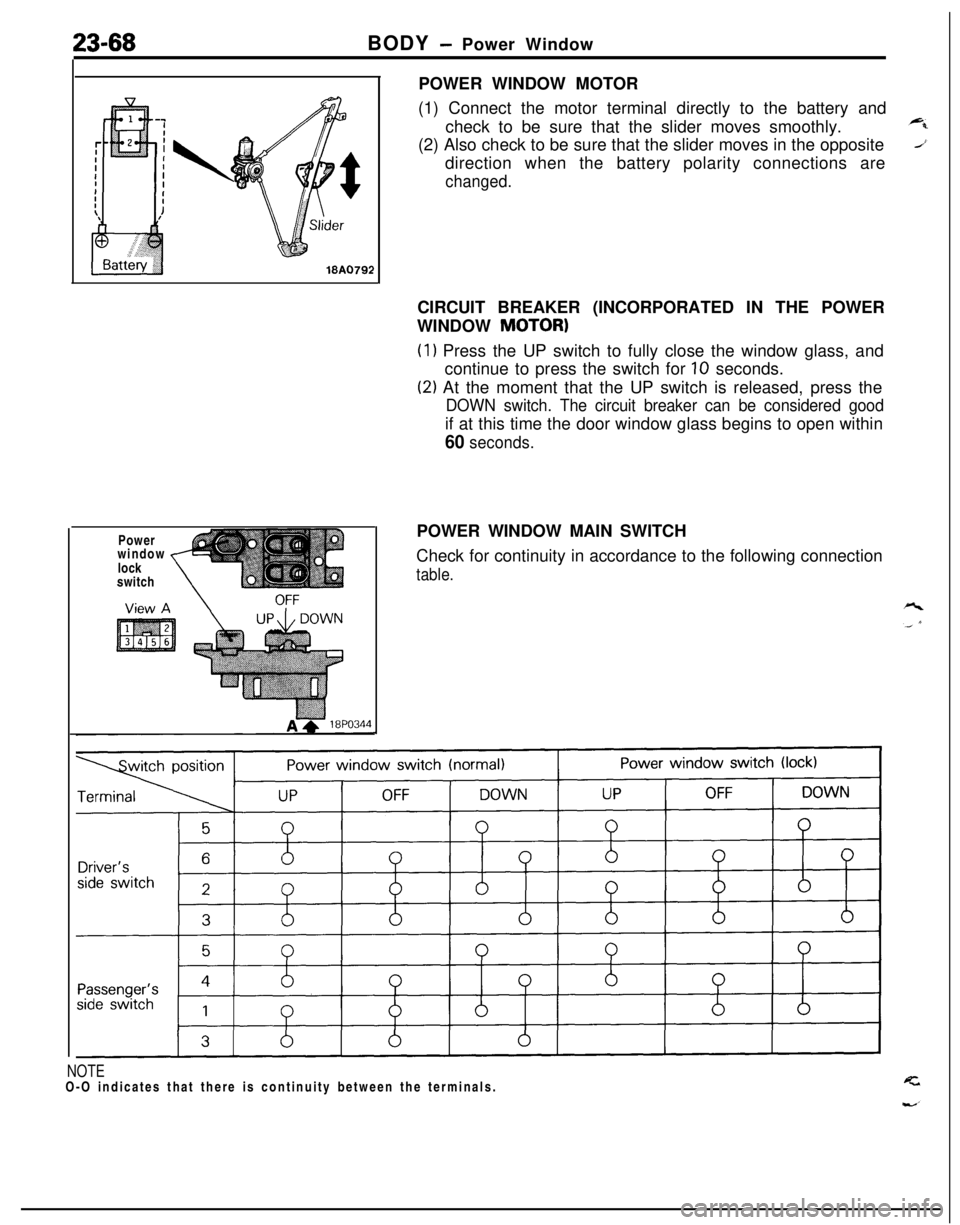 MITSUBISHI ECLIPSE 1991 User Guide 23-68BODY - Power Window
Power
window
lock
switch
,POWER WINDOW MOTOR
(1) Connect the motor terminal directly to the battery and
check to be sure that the slider moves smoothly.
(2) Also check to be s MITSUBISHI ECLIPSE 1991 User Guide 23-68BODY - Power Window
Power
window
lock
switch
,POWER WINDOW MOTOR
(1) Connect the motor terminal directly to the battery and
check to be sure that the slider moves smoothly.
(2) Also check to be s